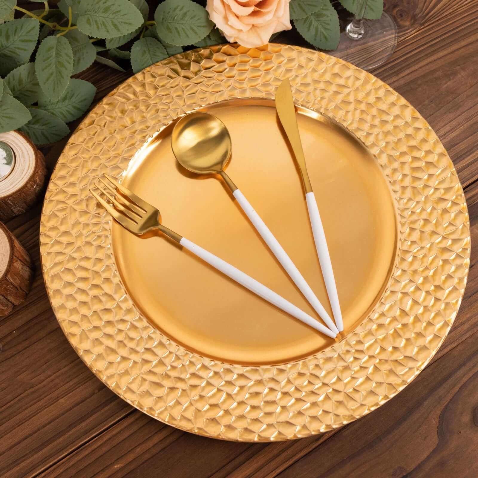 6-Piece Set of 13-Inch Metallic Gold Acrylic Round Charger Plates with Hammered Edge for Dinner Parties