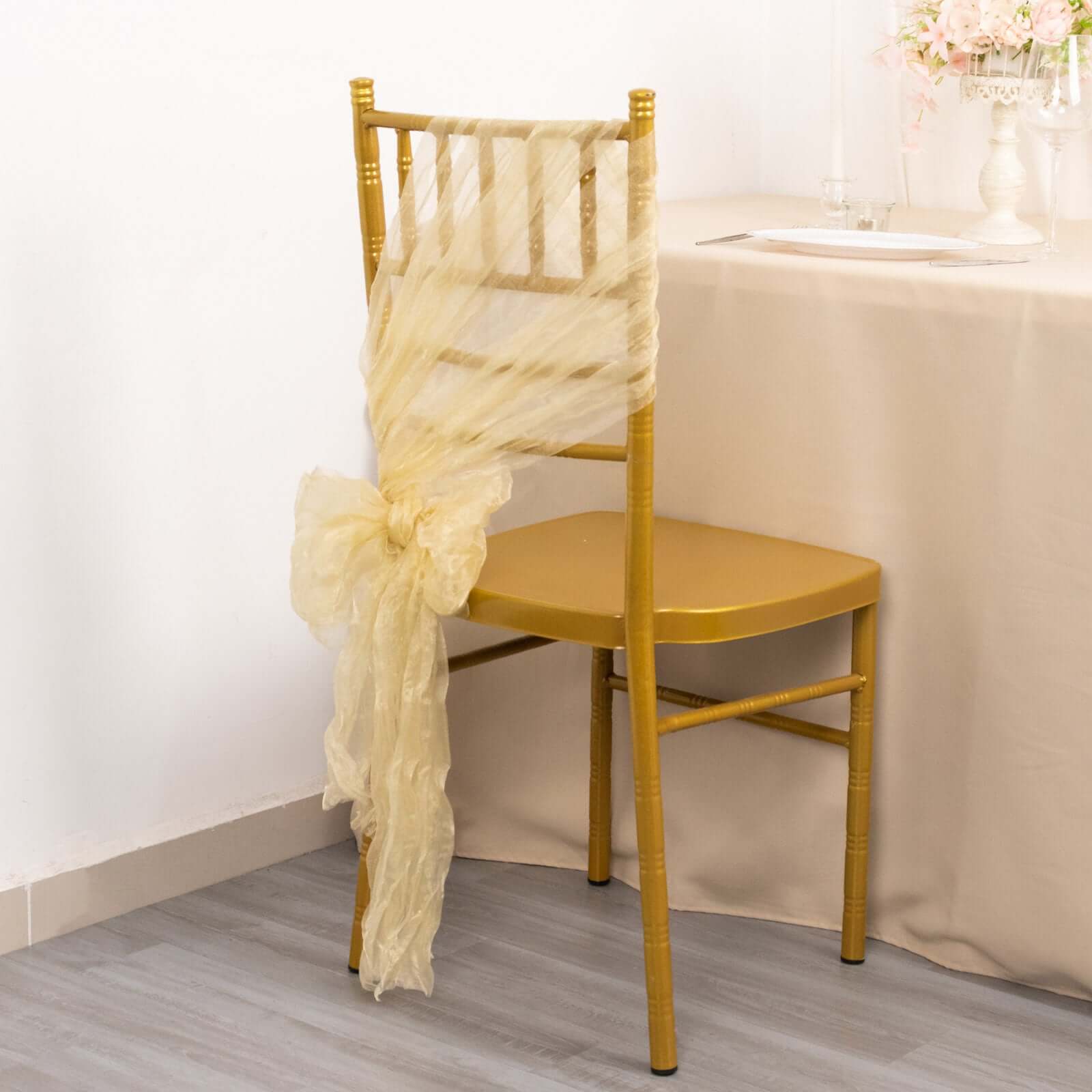 5-Pack Champagne Crinkled Organza Chair Sashes with Shimmer Chiffon Layers - Elegant Sheer Decor