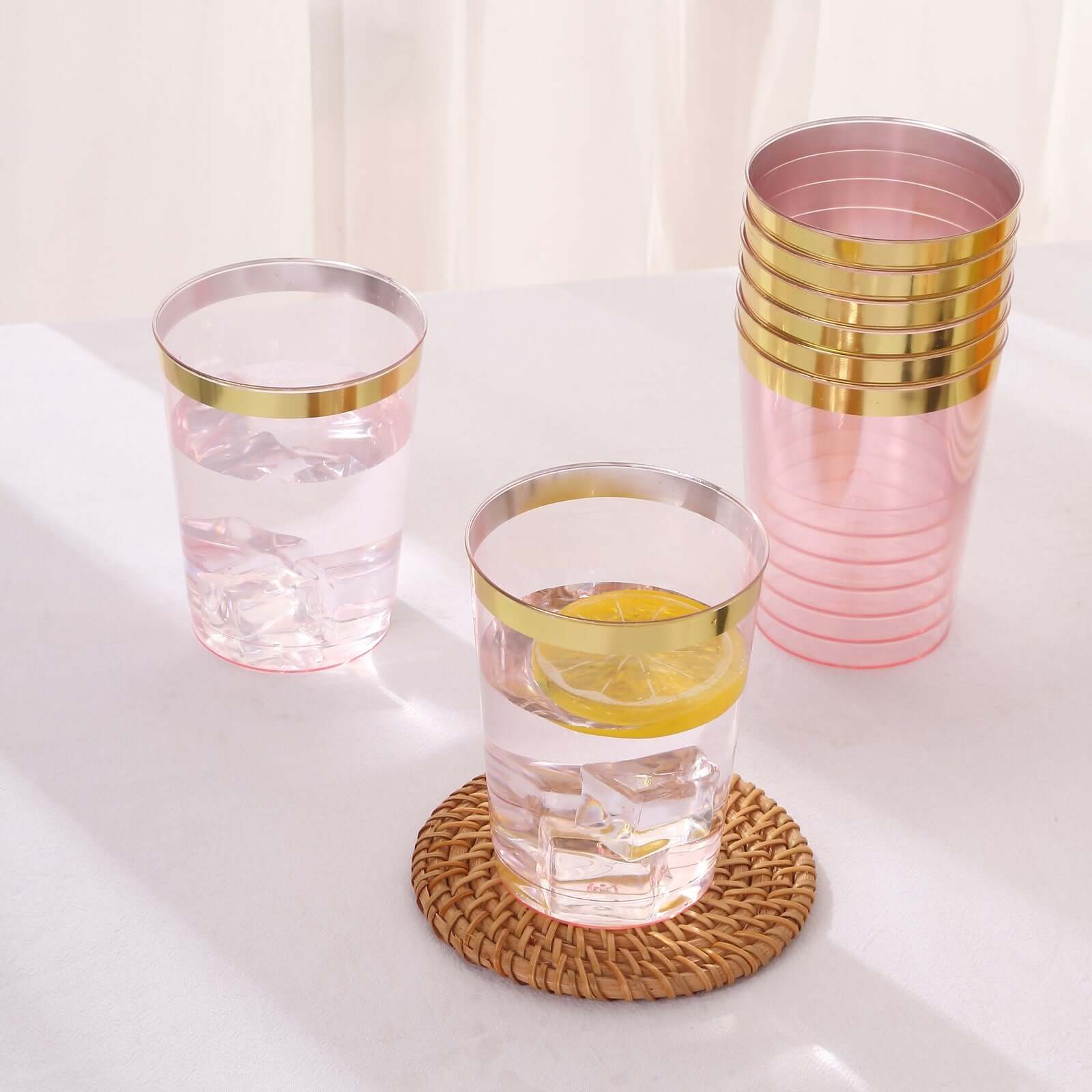 25-Pack 10oz Disposable Plastic Tumbler Cups in Transparent Blush with Stylish Gold Rim