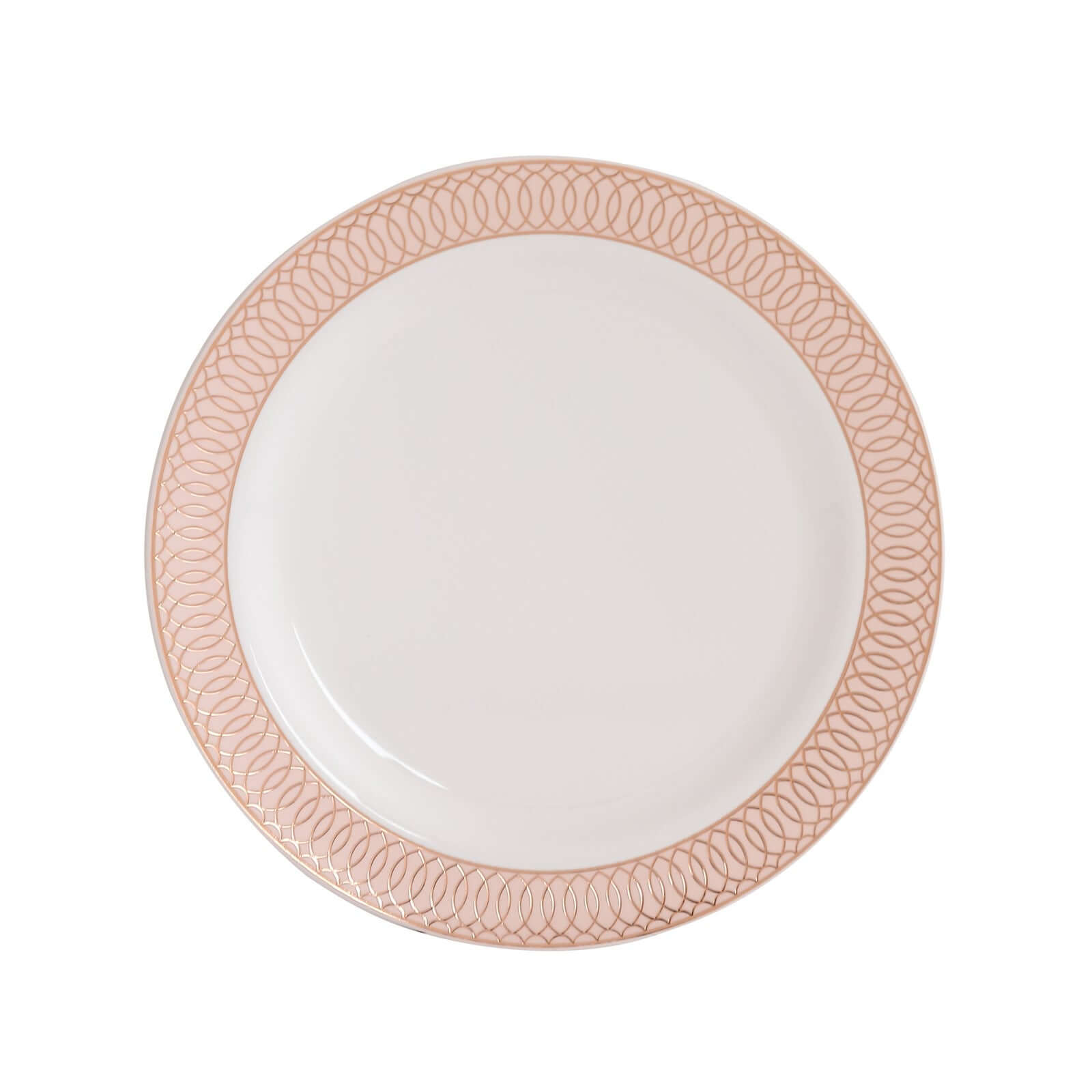 10-Piece Set of White Plastic Round Dinner Plates with Blush Rose Gold Spiral Rim for Parties