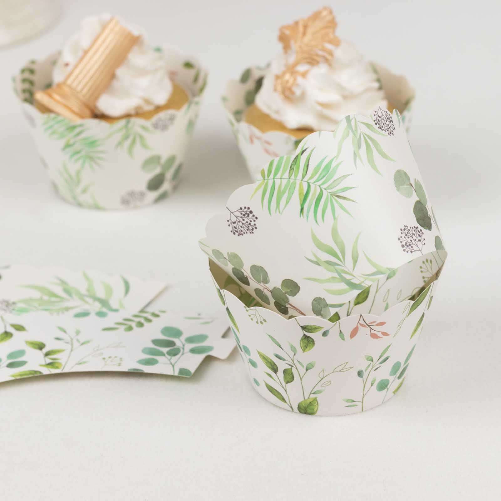 25-Piece Premium Paper Cupcake Wrappers with Eucalyptus Leaves Print in White and Green