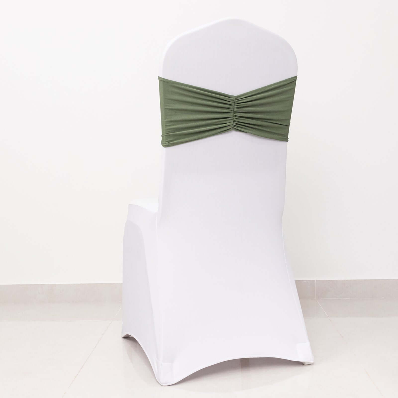 5-Piece Set of Dusty Sage Green Ruffled Spandex Chair Sashes - Wide Stretch Bands, Easy to Use
