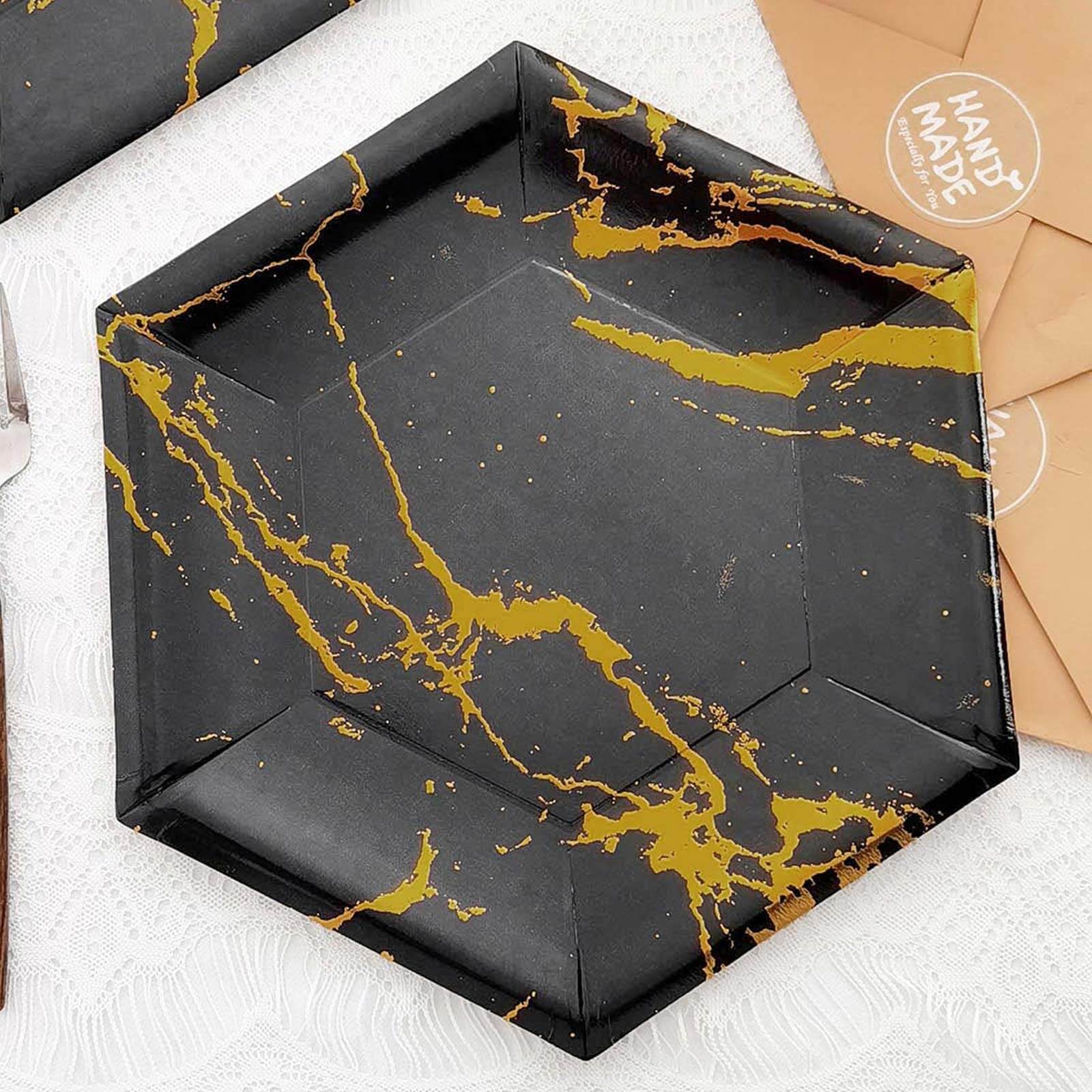 25-Pack Disposable 12" Black Paper Dinner Plates with Gold Marble Design - Ideal for Events