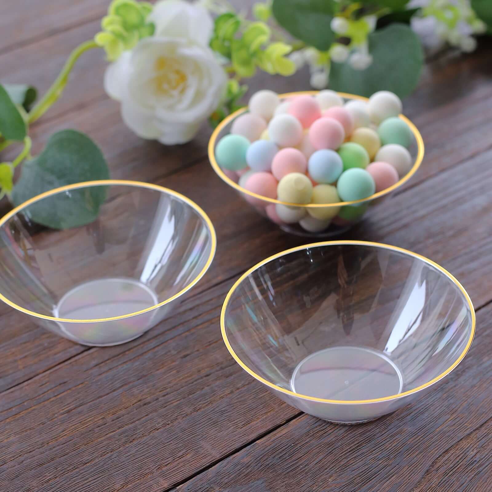 24-Pack 7oz Clear Premium Gold Rim Heavy Duty Plastic Ice Cream Bowls - Ideal for Celebrations