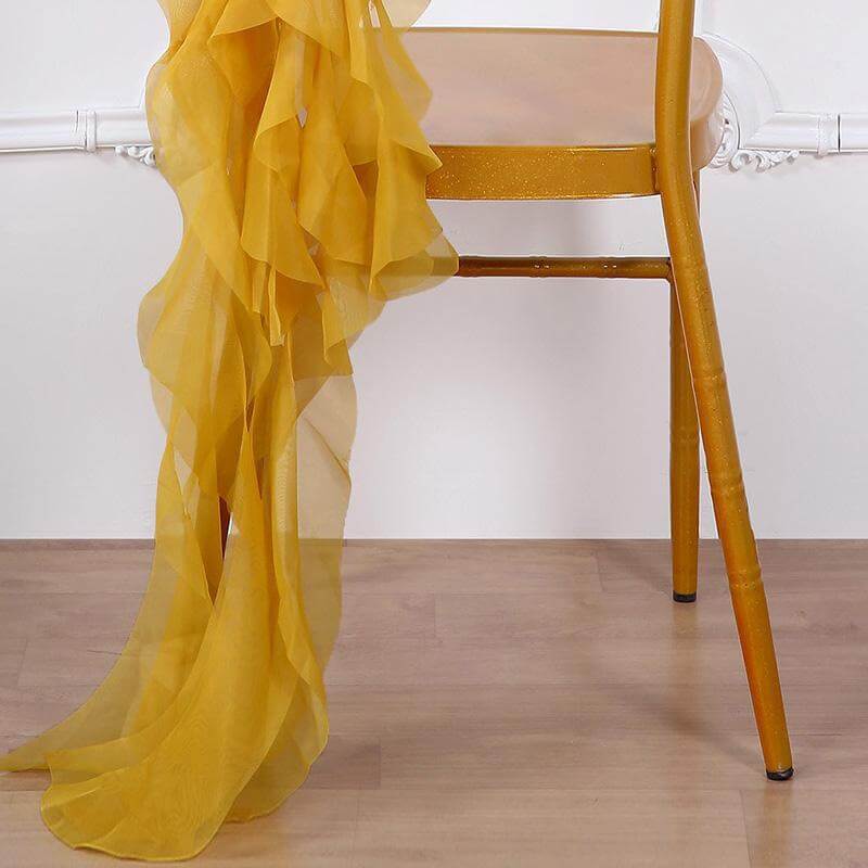 Mustard Yellow Chiffon Chair Sashes Set with Willow Ruffles - Elegant Chair Bow Decor
