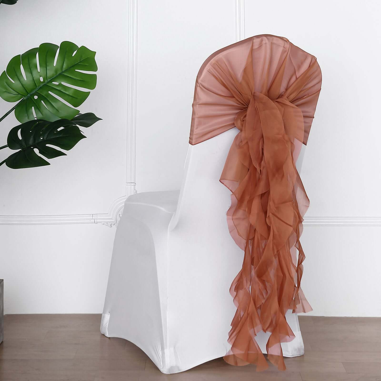 Stylish Terracotta (Rust) Chiffon Chair Sashes Set with Willow Ruffles Design