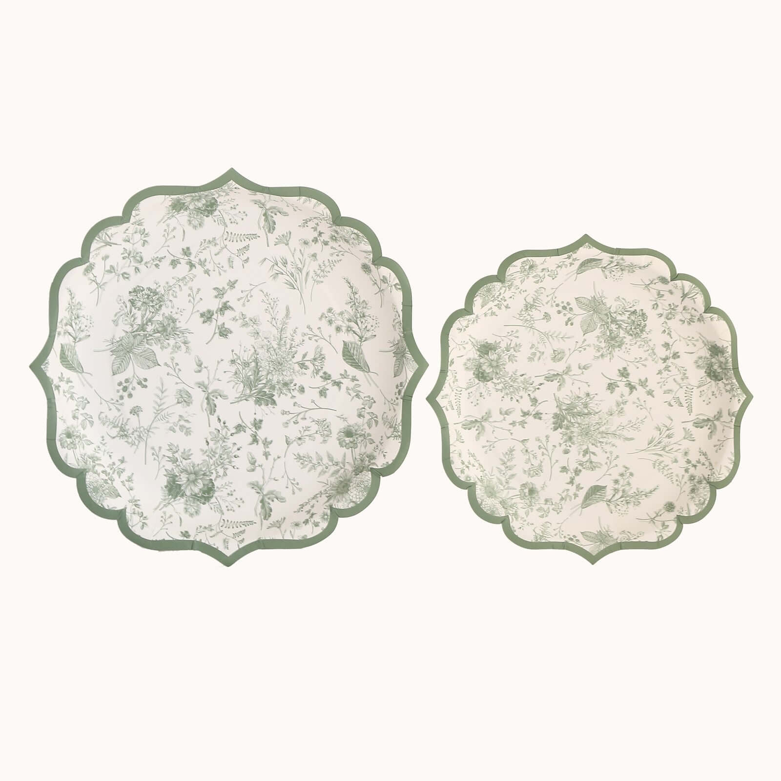 25-Piece Disposable White & Sage Green French Toile 8-Inch Round Dessert Plates for Stylish Tables
