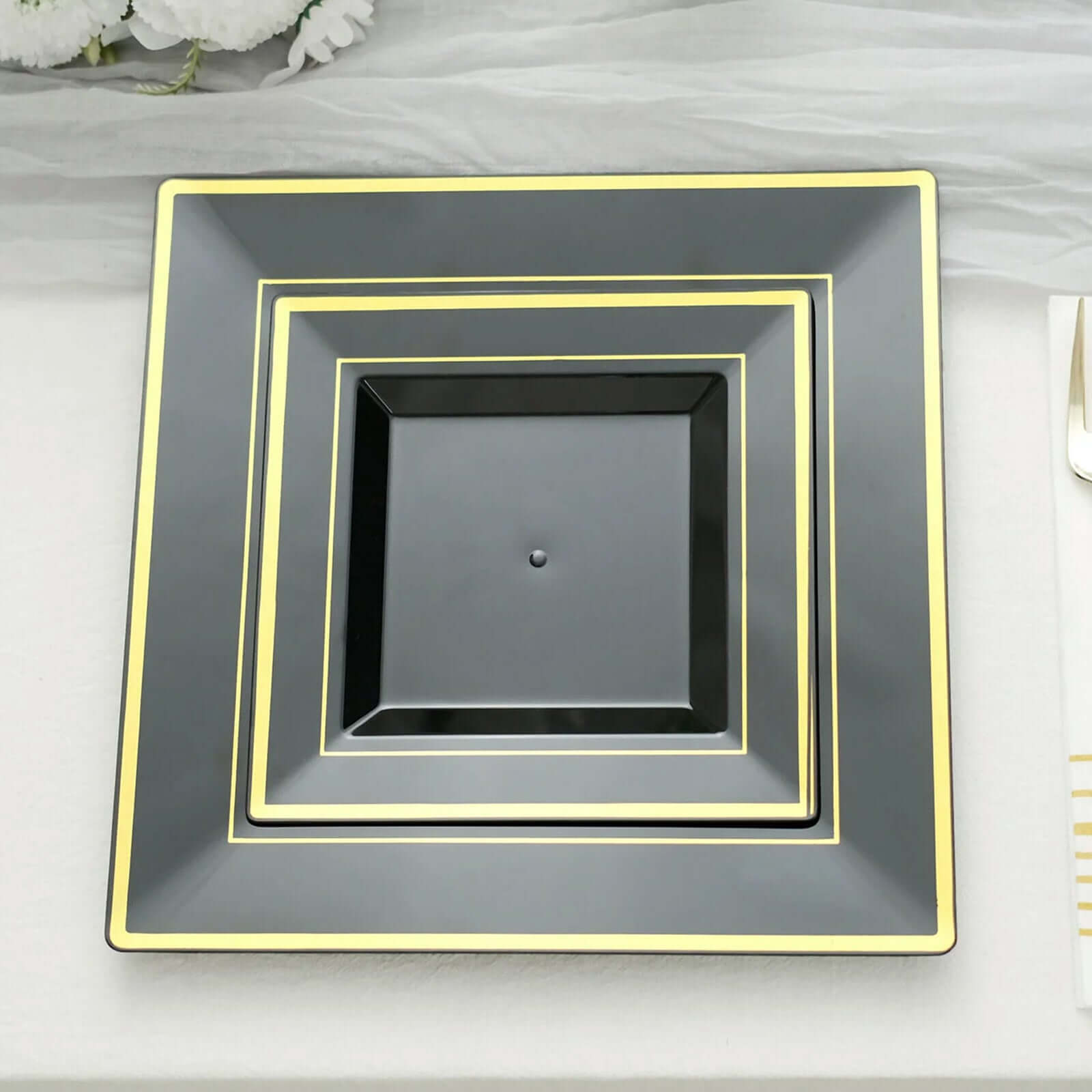 10-Piece Set of Durable Disposable Black Square Salad & Dessert Plates with Gold Trim, 7 Inches