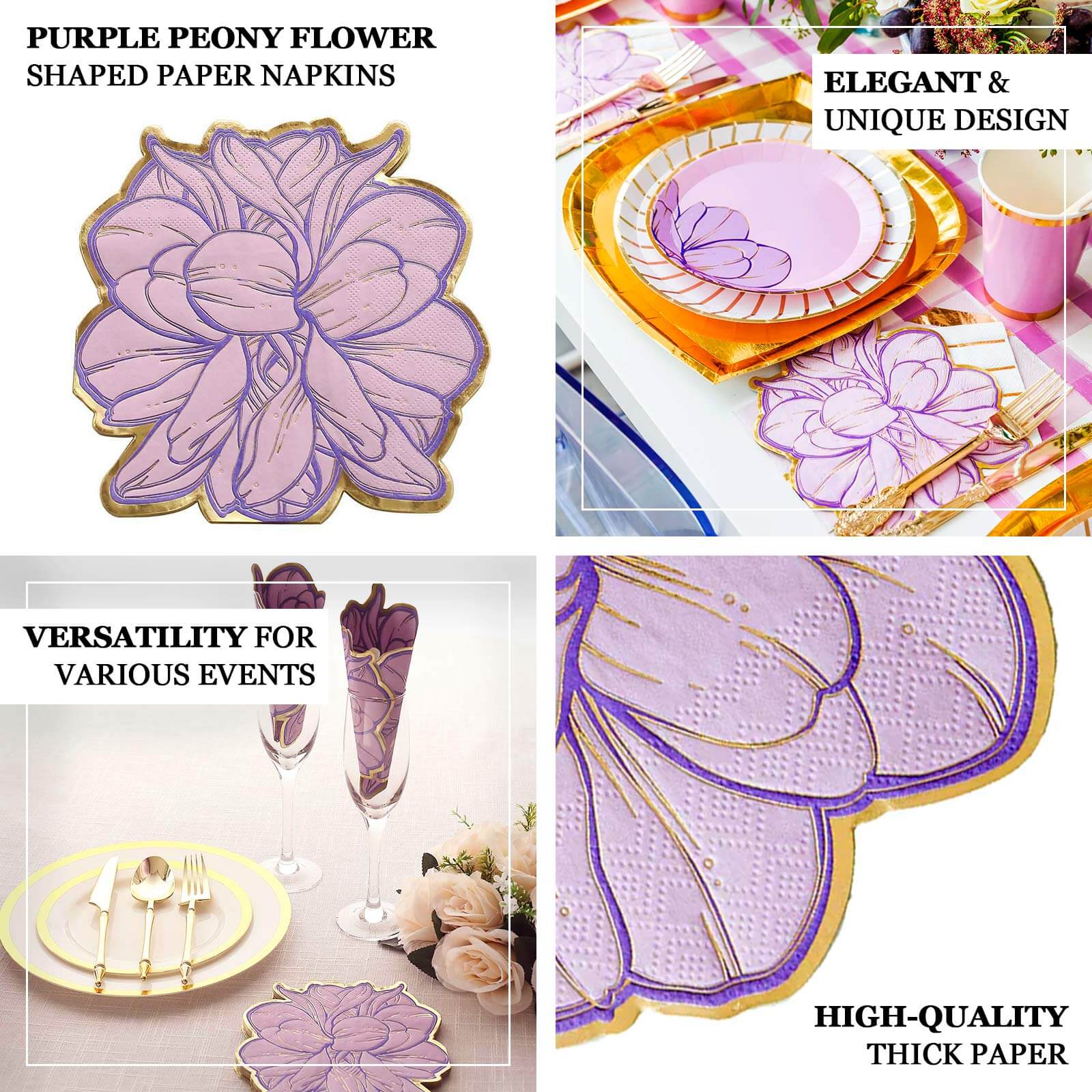 Get 20-Pack Disposable Cocktail Paper Napkins with Purple Peony & Gold Edges for Parties