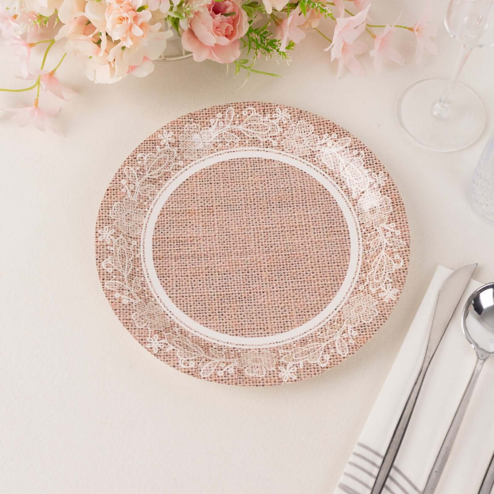Hot Deal! 25-Pack of 9-Inch Round Disposable Paper Dinner Plates with Rustic Burlap & Floral Lace Design