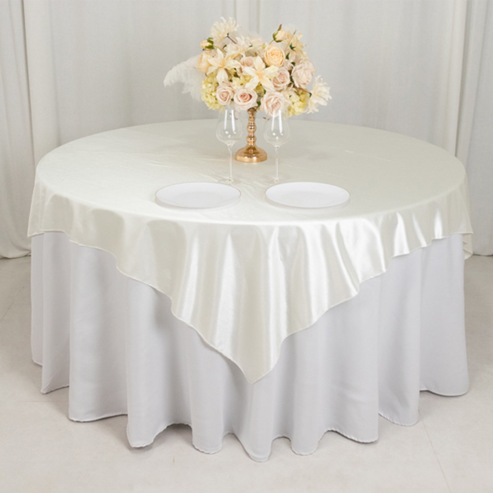 Wrinkle-Free & Stain-Resistant Shimmer Pearl White 70x70 Premium Scuba Square Table Overlay for Weddings and Parties