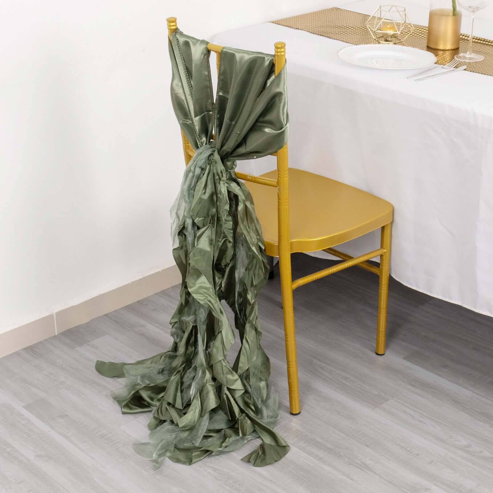 5-Piece Set of Dusty Sage Green Chiffon Satin Chair Sashes - Easy Install for Events