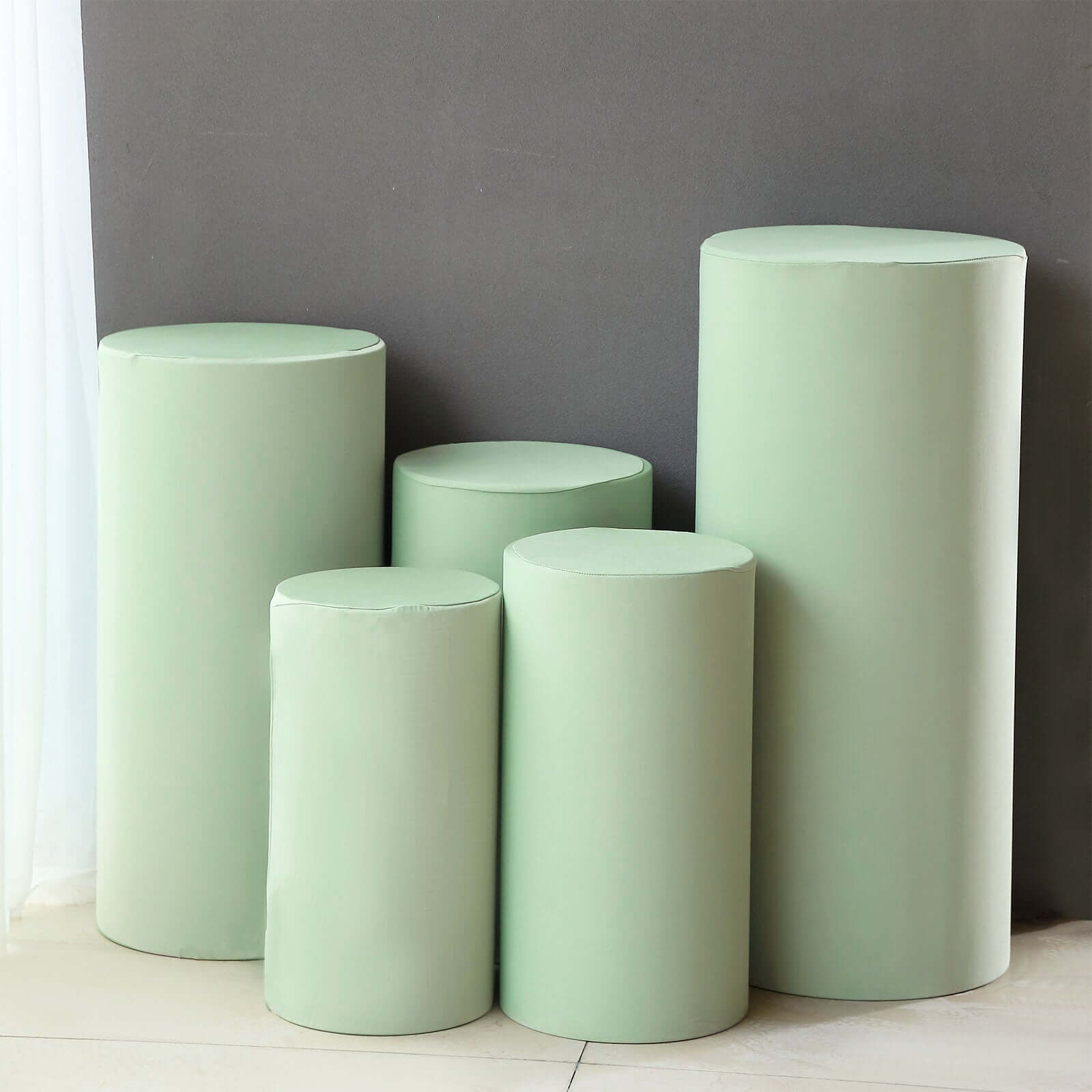 Special Offer! Set of 5 Stretchable Sage Green Spandex Cylinder Pedestal Stand Covers - 160 GSM