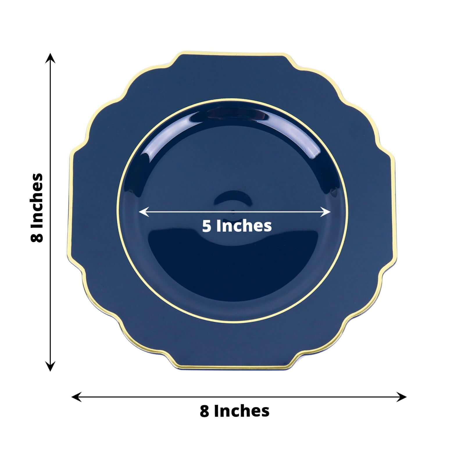 Hot Deal! 10-Pack 8" Navy Blue Disposable Baroque Salad Plates with Gold Rim