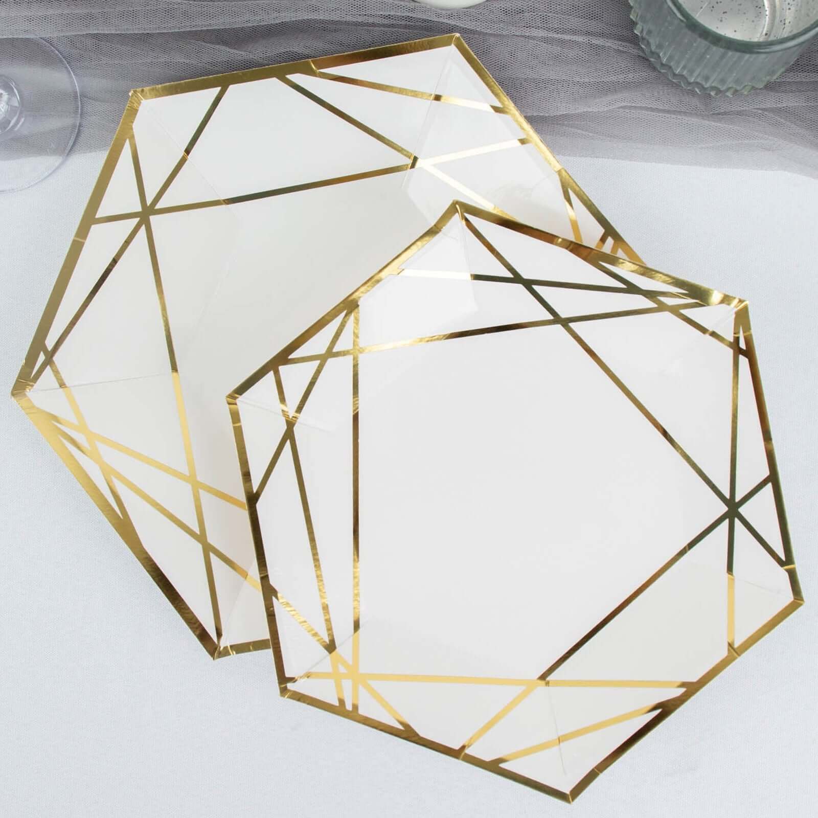 25-Pack White & Gold Geometric Hexagon Disposable Paper Appetizer and Salad Plates for Events