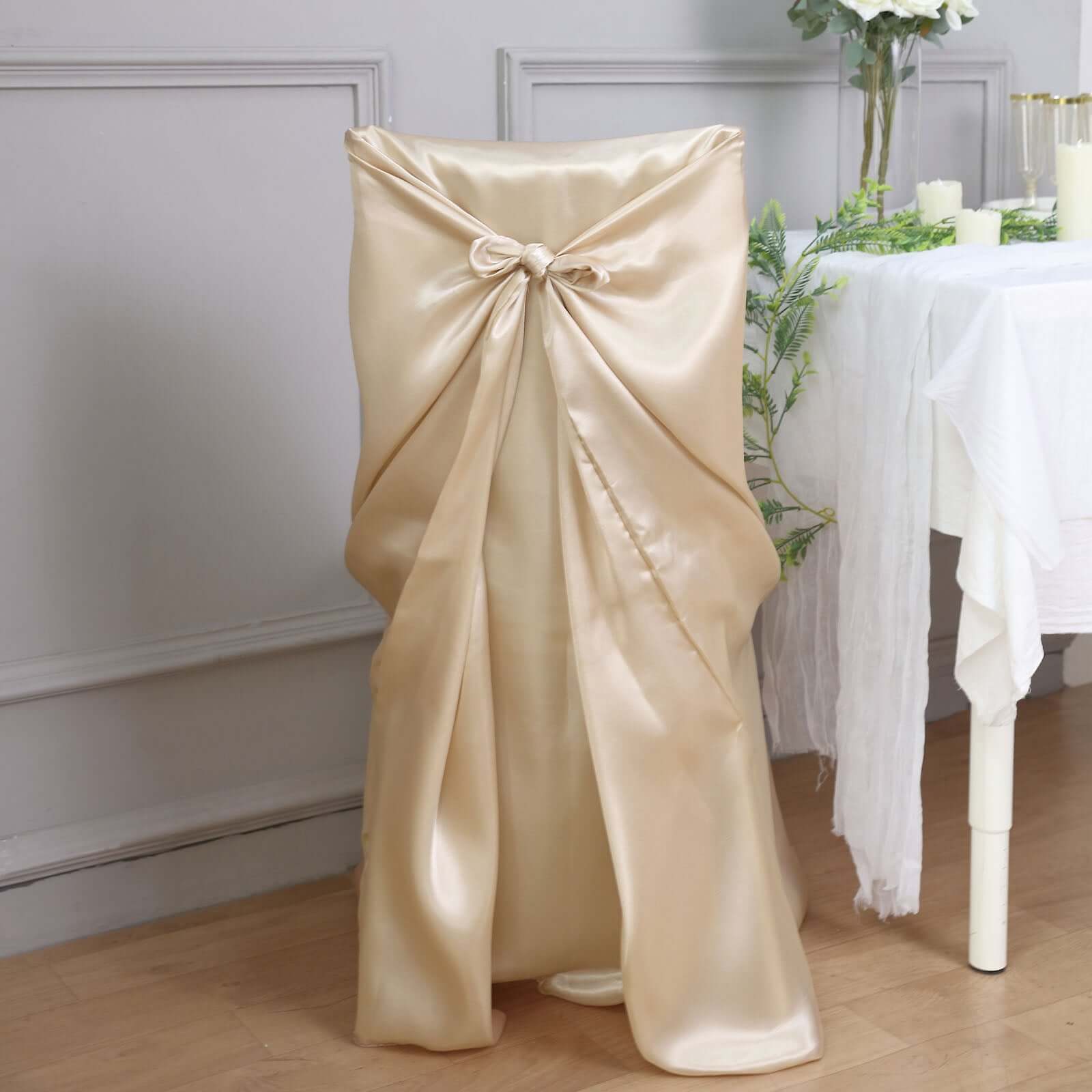 Durable Beige Satin Self-Tie Chair Covers - Universal Design for Folding, Dining & Banquet Chairs