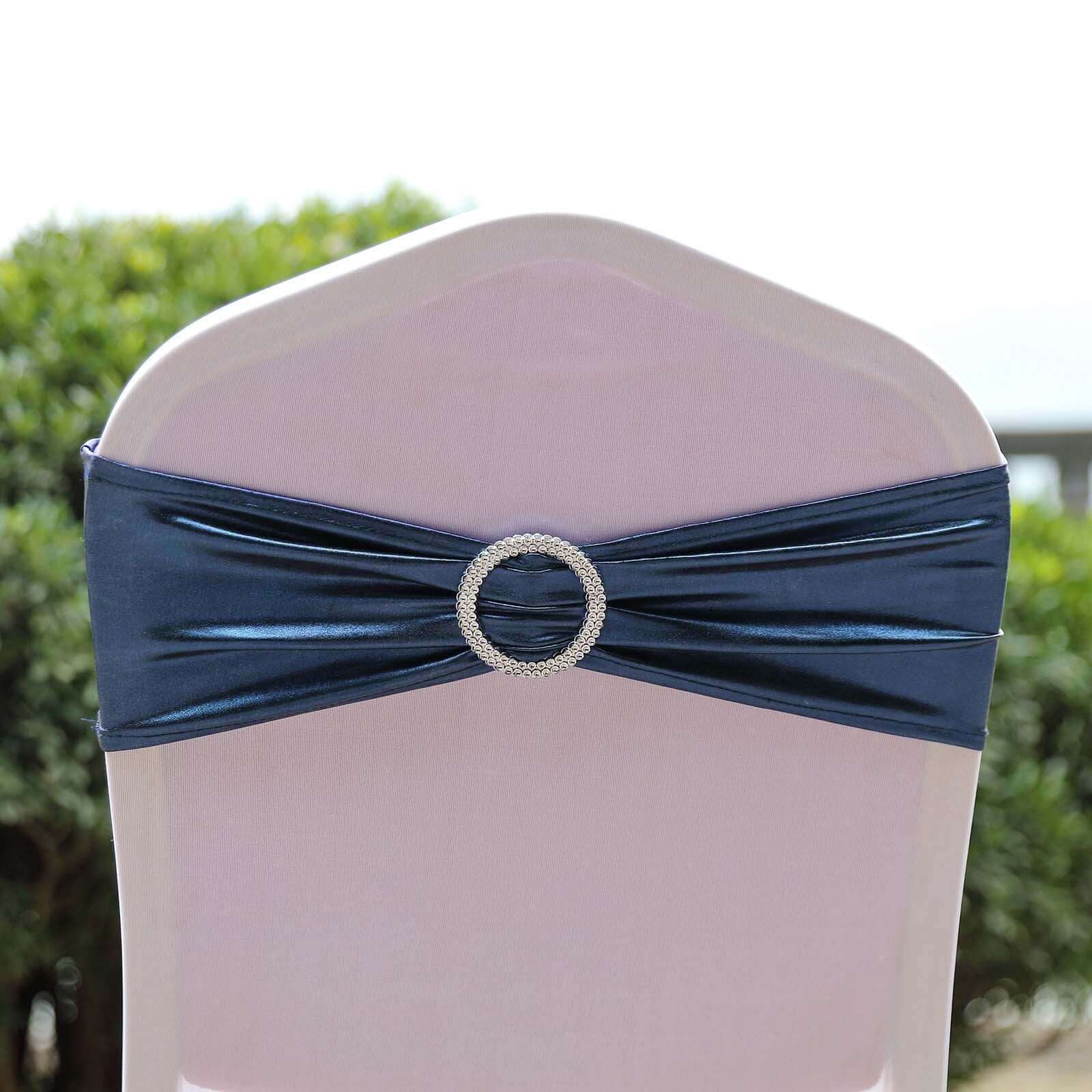 5-Pack Navy Blue Metallic Spandex Chair Sashes with Round Diamond Plastic Buckles - Ideal for Decor