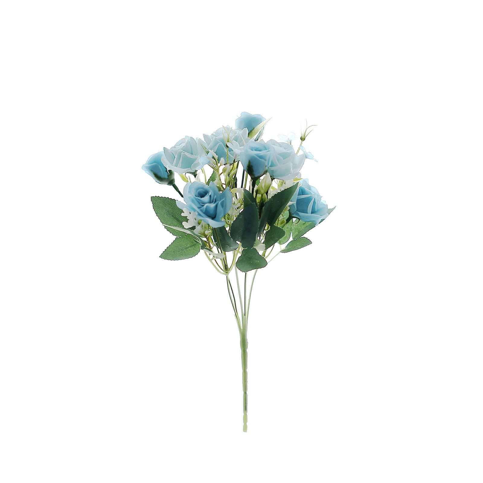 12-Inch Dusty Blue Realistic Artificial Silk Rose Flower Bouquet with 4 Bushes for Various Occasions