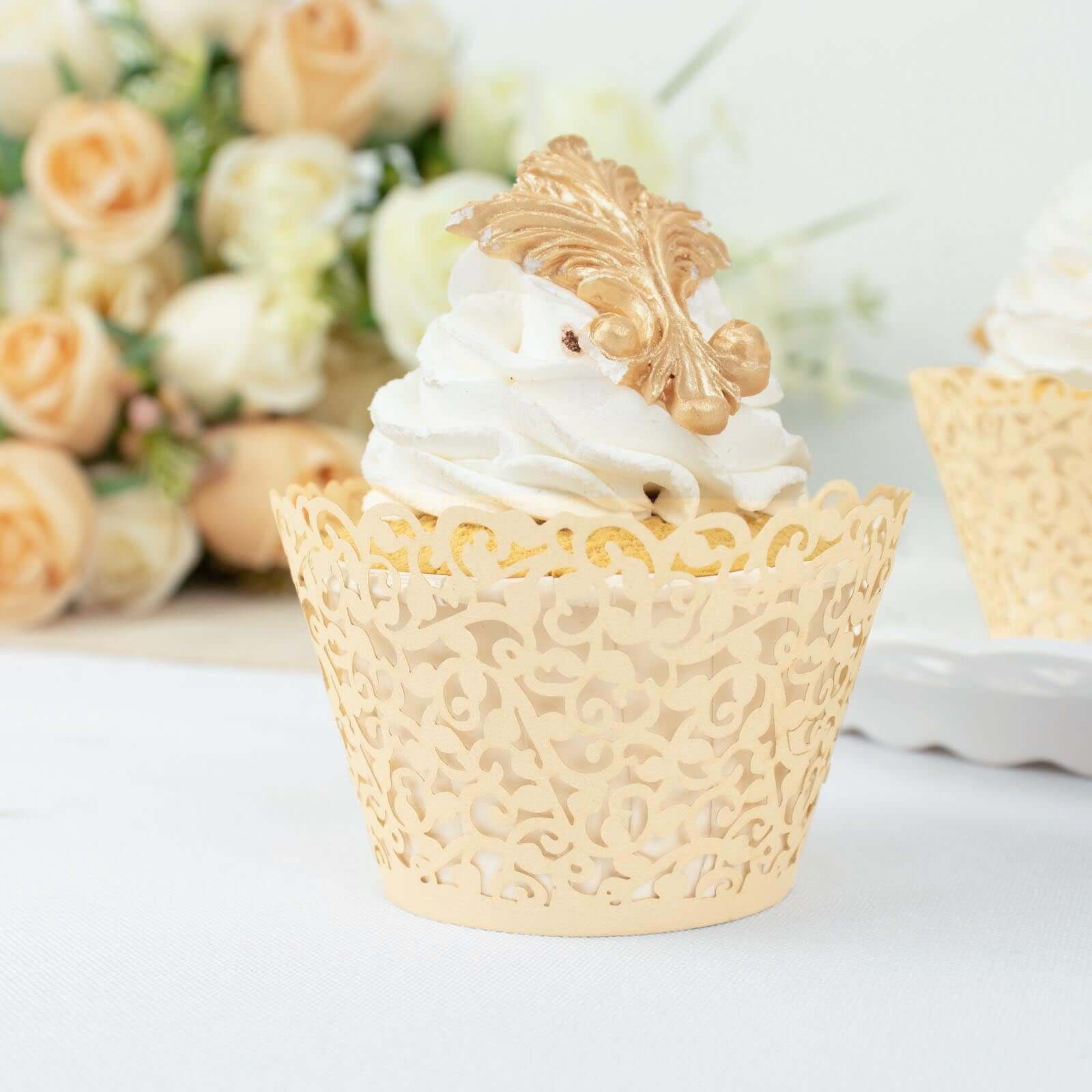 25-Pack Ivory Lace Laser Cut Paper Cupcake Wrappers - Ideal for Event Baking