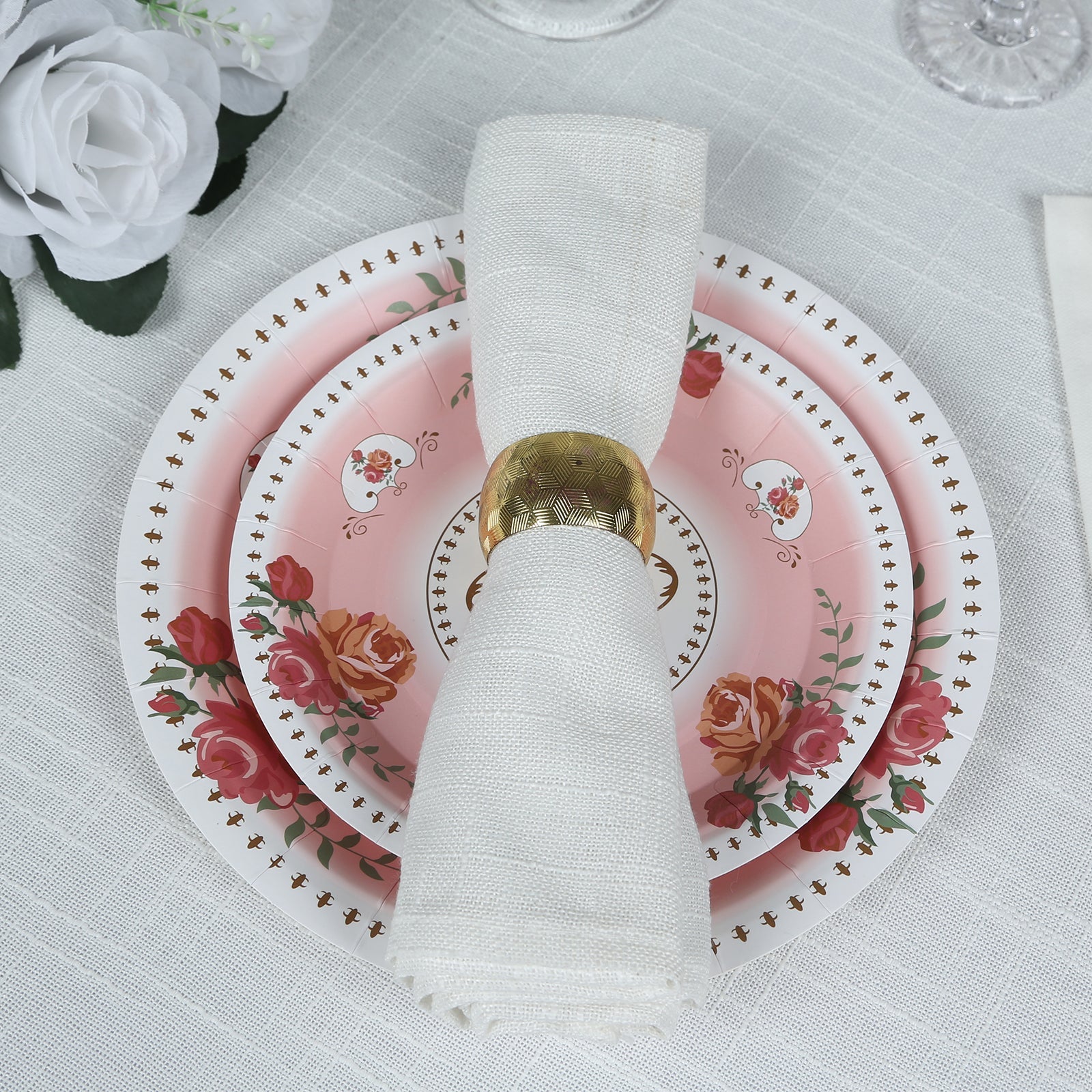 25-Piece Set of 7-Inch Dusty Rose Disposable Paper Dessert Plates with Vintage Rose Prints