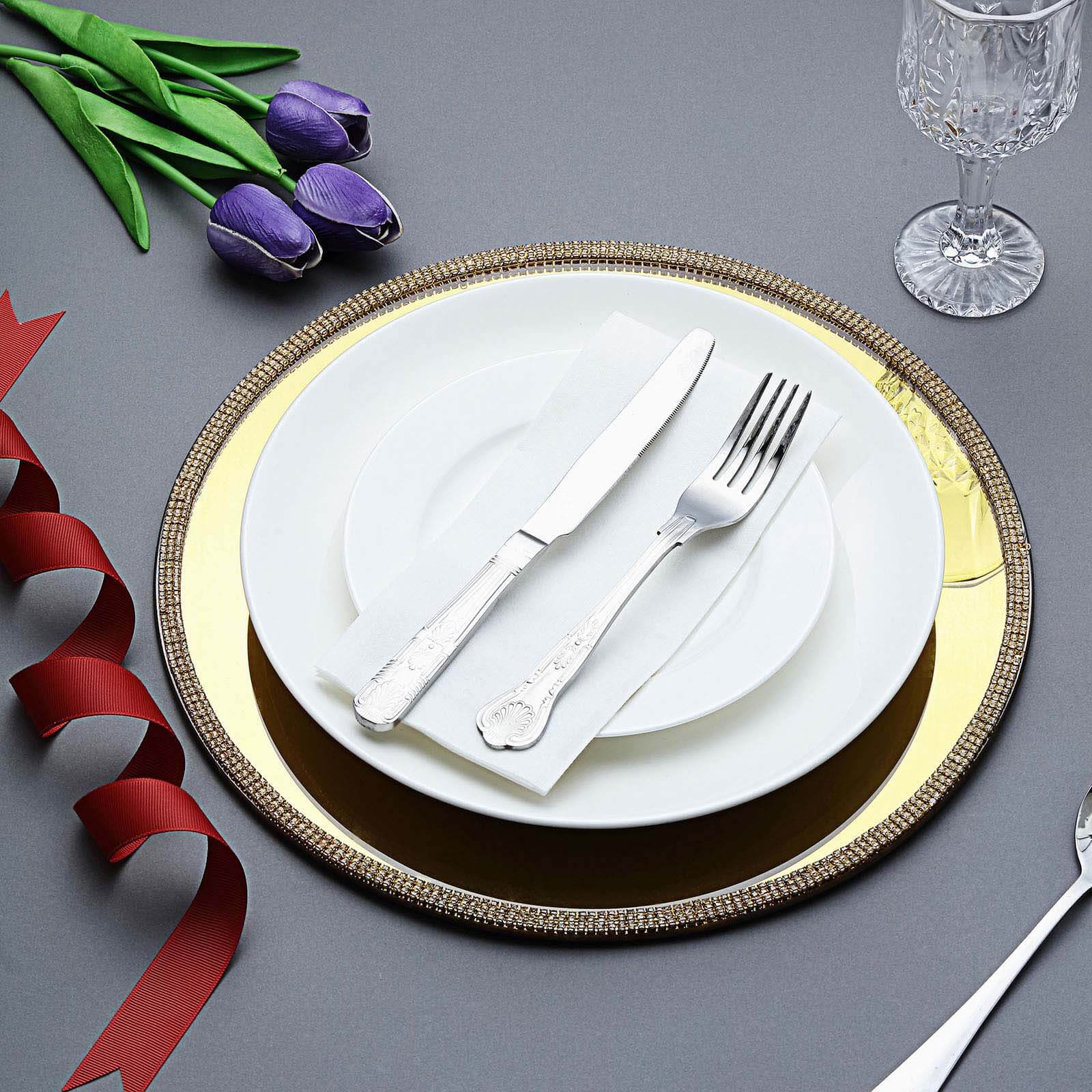 Hot Sale! 2-Pack 13-Inch Round Glass Charger Plates with Metallic Gold Mirror Rhinestone Rim for Decor