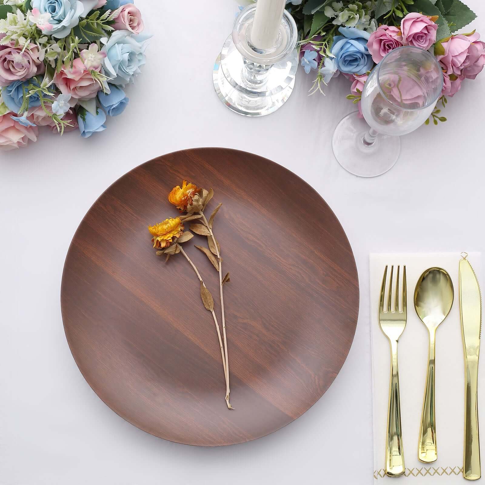 Set of 6 Disposable Shatterproof Brown Wood Grain Melamine 10-Inch Round Dinner Plates for Rustic Party Decor
