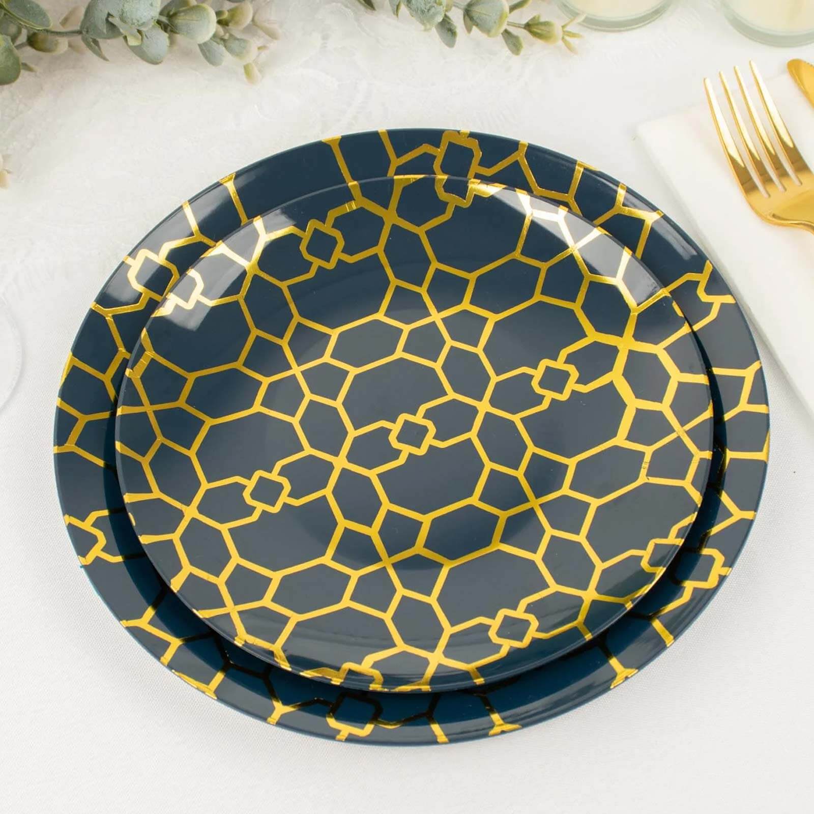 Hot Deal! 20-Pack Navy Blue Plastic Dinnerware Set with Gold Geometric Print for Weddings