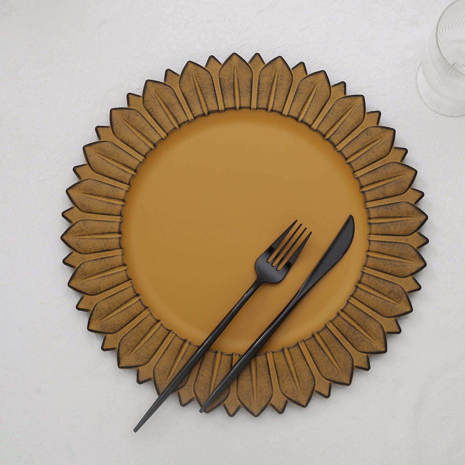 6-Piece Set of 13-Inch Matte Mustard Yellow Plastic Round Charger Plates with Sunflower Rim