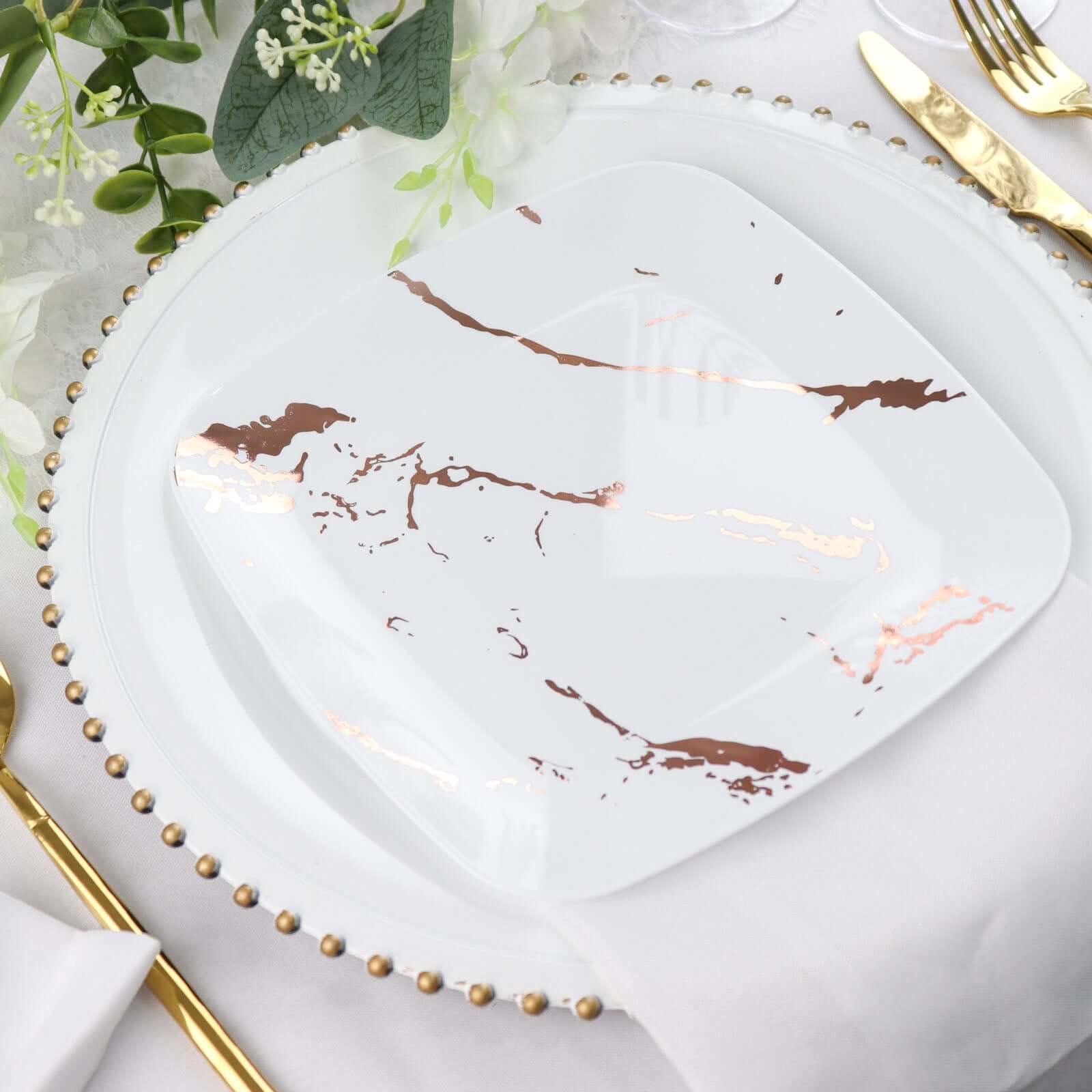 10-Pack Disposable White Plastic Dessert Plates with Rose Gold Marble Design - Ideal for Parties