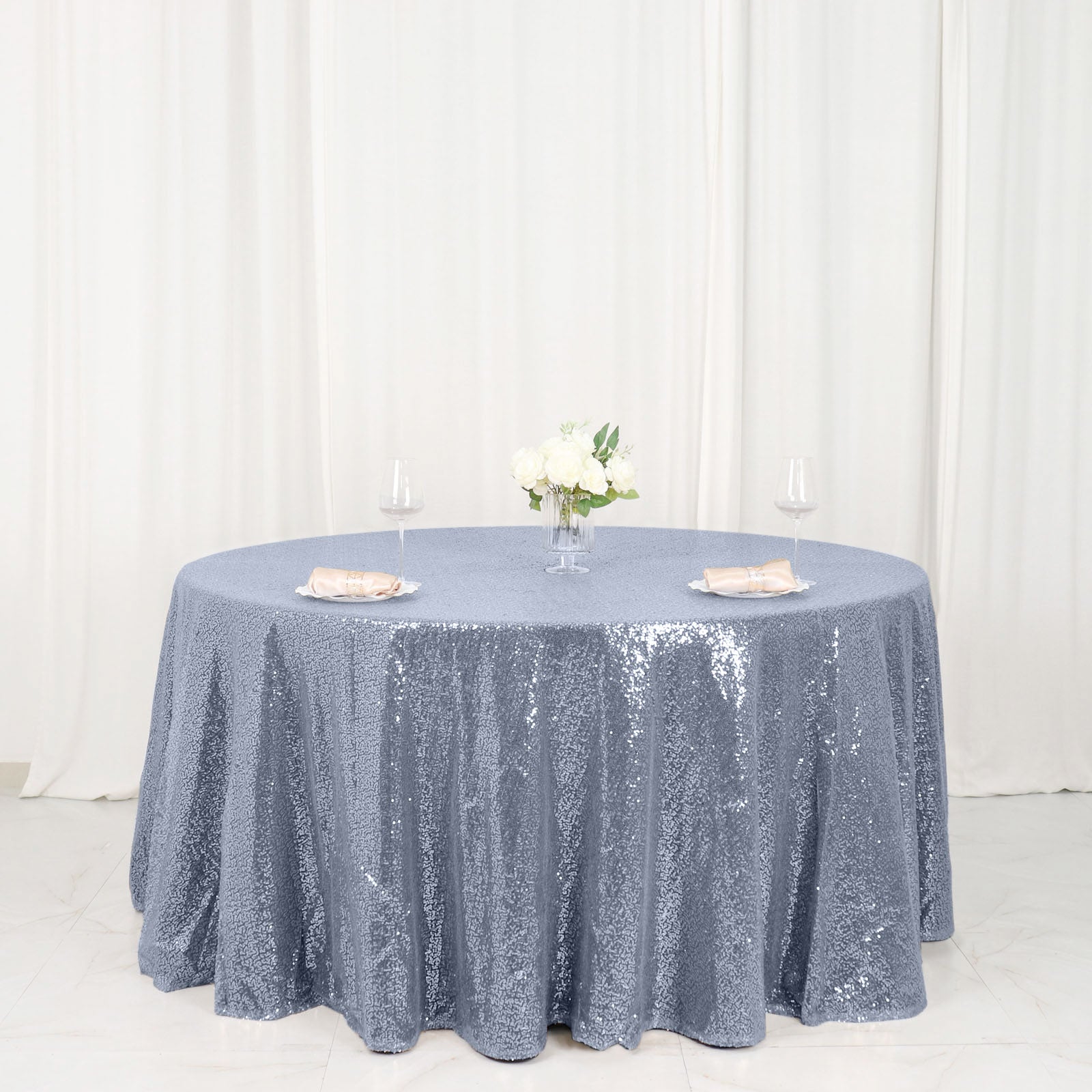 Hot Sale! 120-Inch Dusty Blue Seamless Sequin Round Tablecloth for 5-Foot Tables