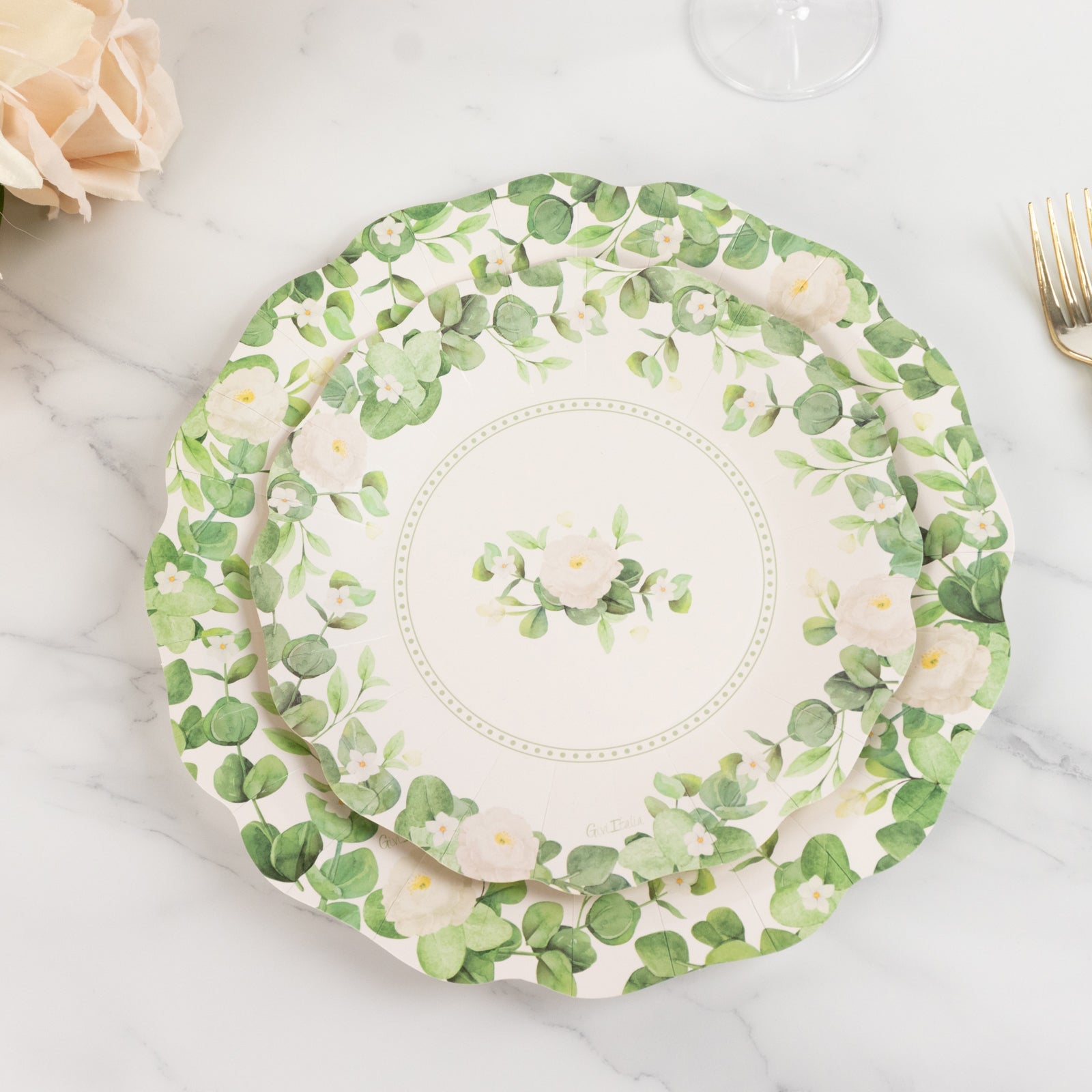 25-Pack Disposable 8-Inch White Floral Greenery Scalloped Edge Paper Dessert Plates - Ideal for Rustic Weddings & Garden Brunches