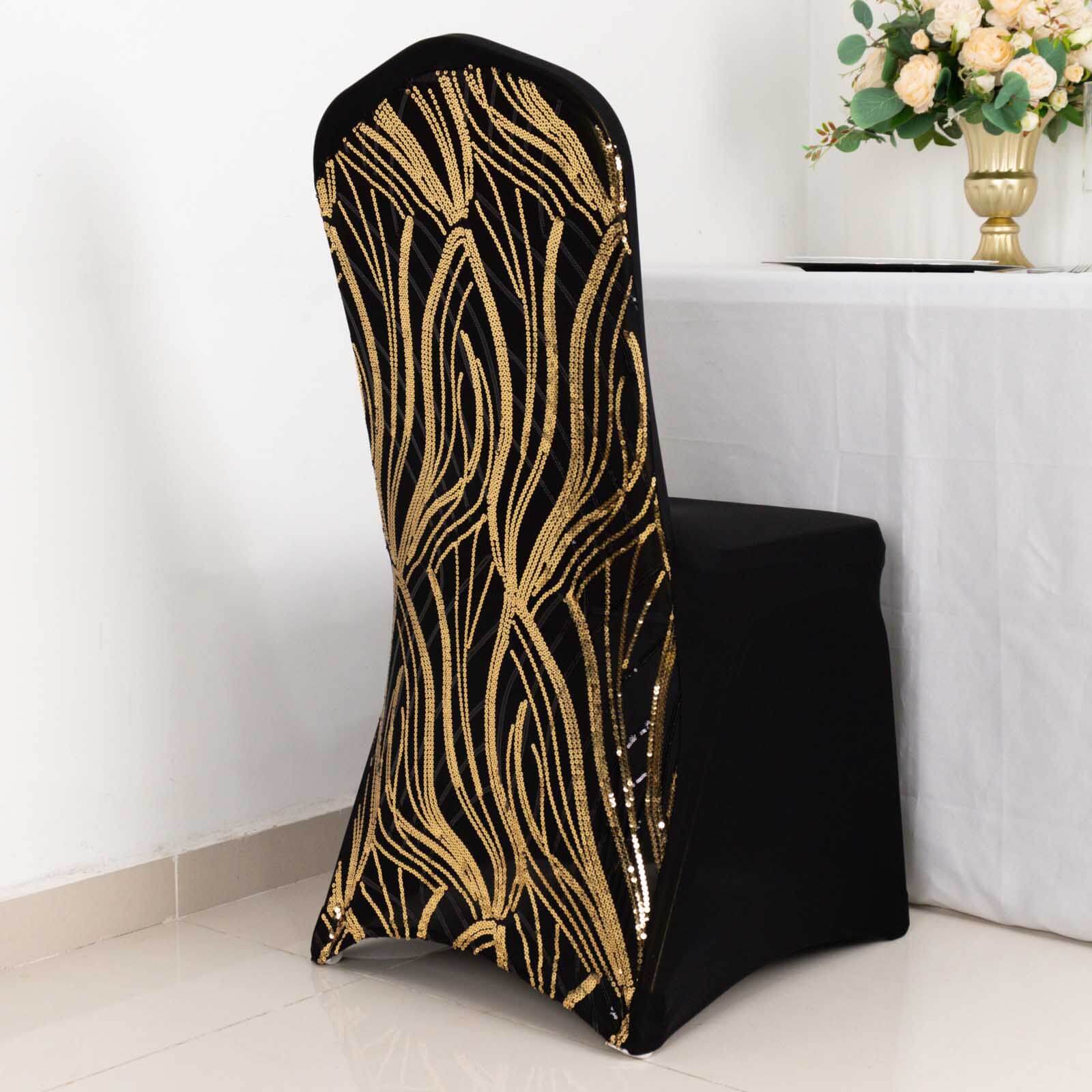 Sparkling Black/Gold Spandex Banquet Chair Cover with Wave Embroidered Sequins - Fitted Stretch Slipcover