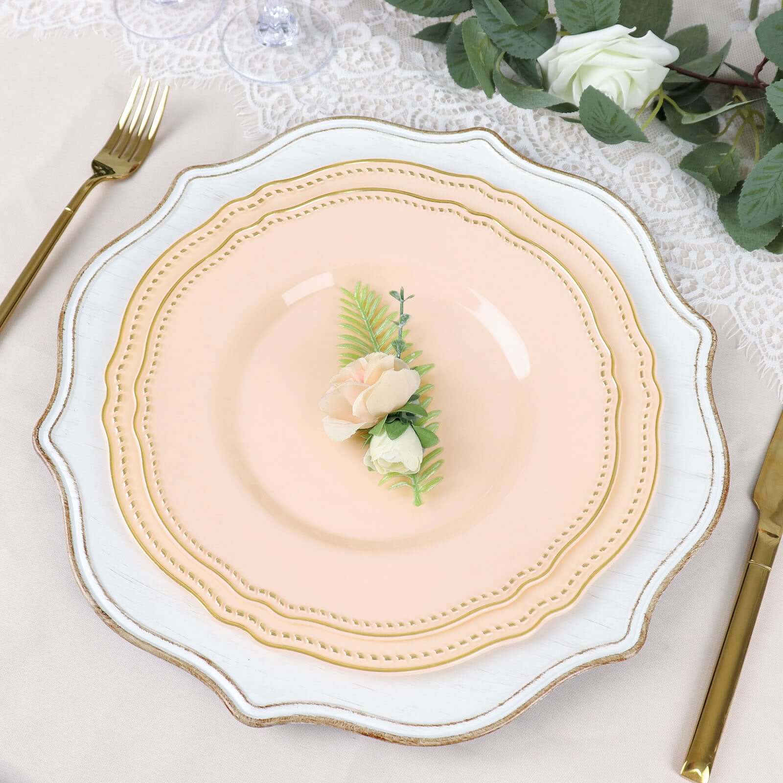 Hot Deal! 10-Pack Disposable Nude Plastic Dinner Plates with Gold Scalloped Rim, 9 Inches