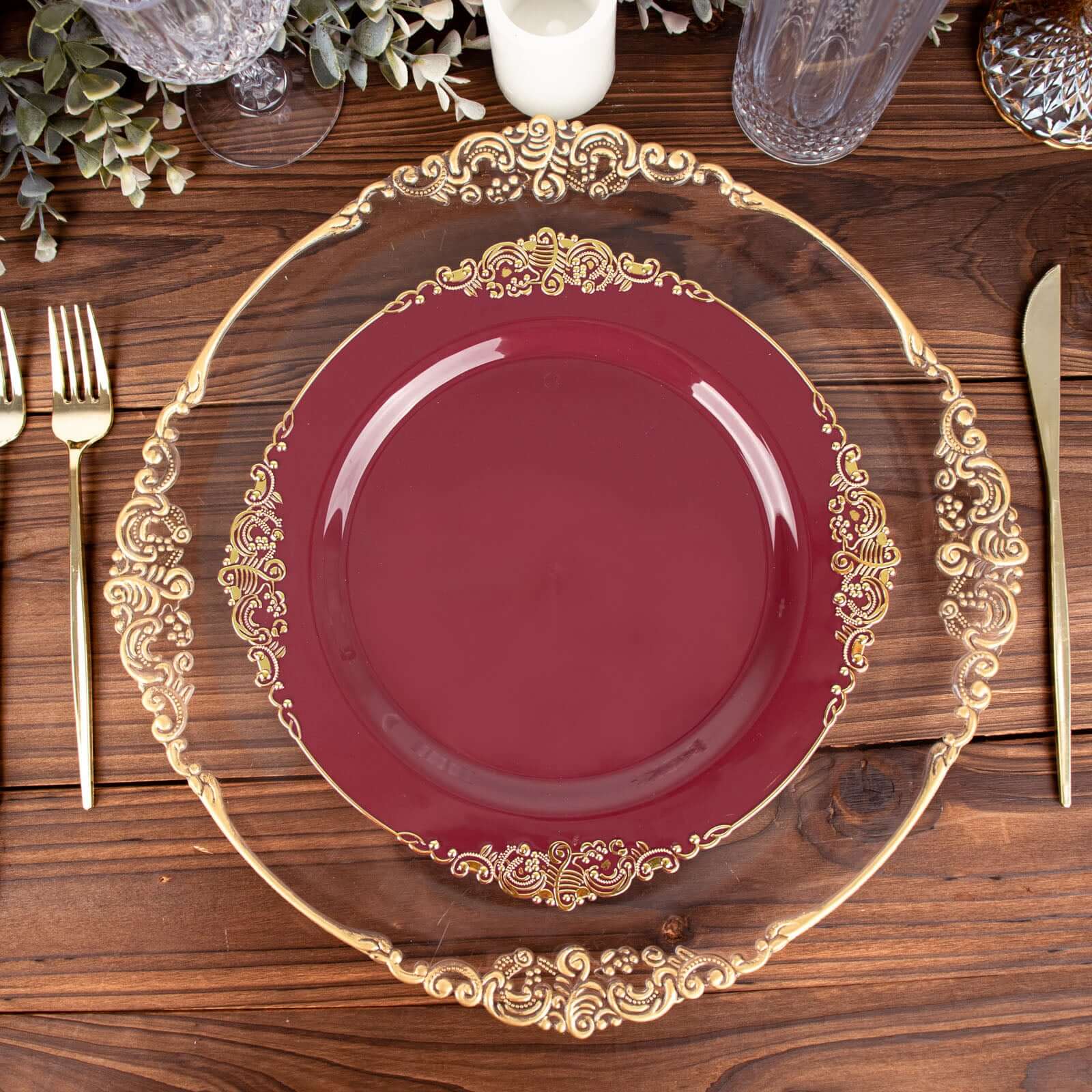 Hot Deal! 10-Pack Disposable Burgundy Plastic Round Dinner Plates with Gold Leaf Embossed Rim, Vintage Baroque Style
