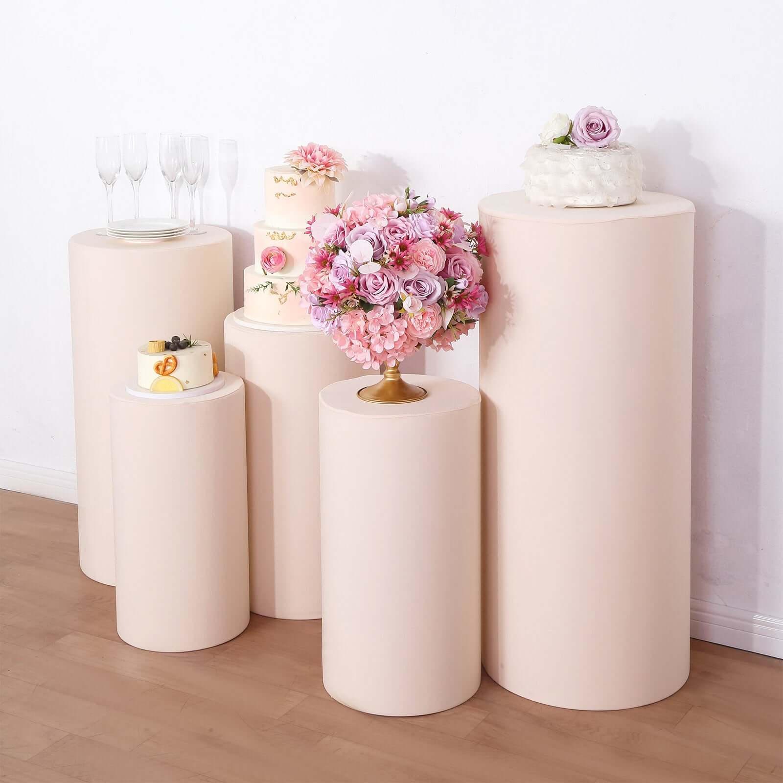 Hot Sale! Set of 5 Blush Spandex Stretchable Cylinder Pedestal Stand Covers, 160 GSM