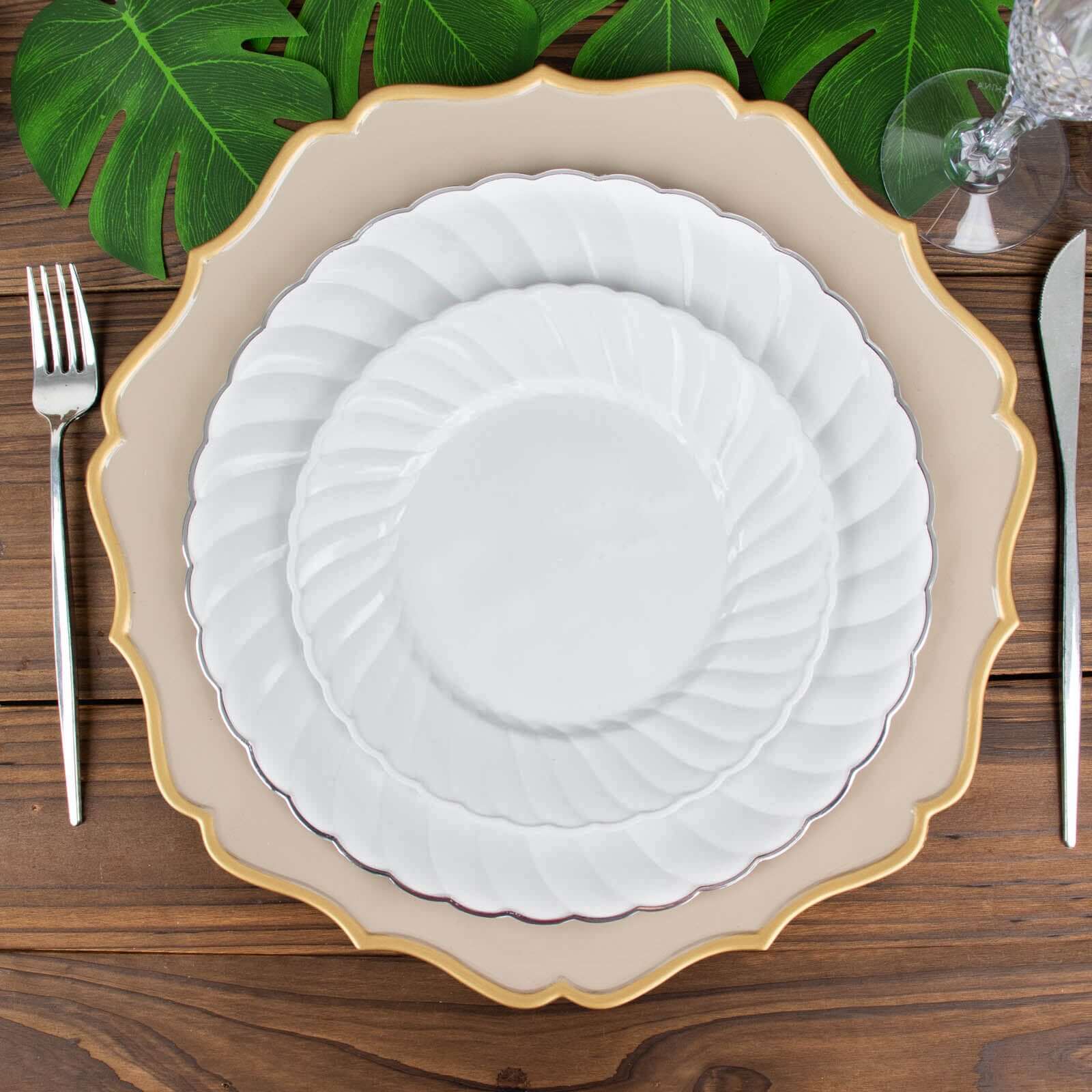 12-Piece Set of Sturdy White Plastic Dessert Plates with Flair Rim, 7.5 Inches