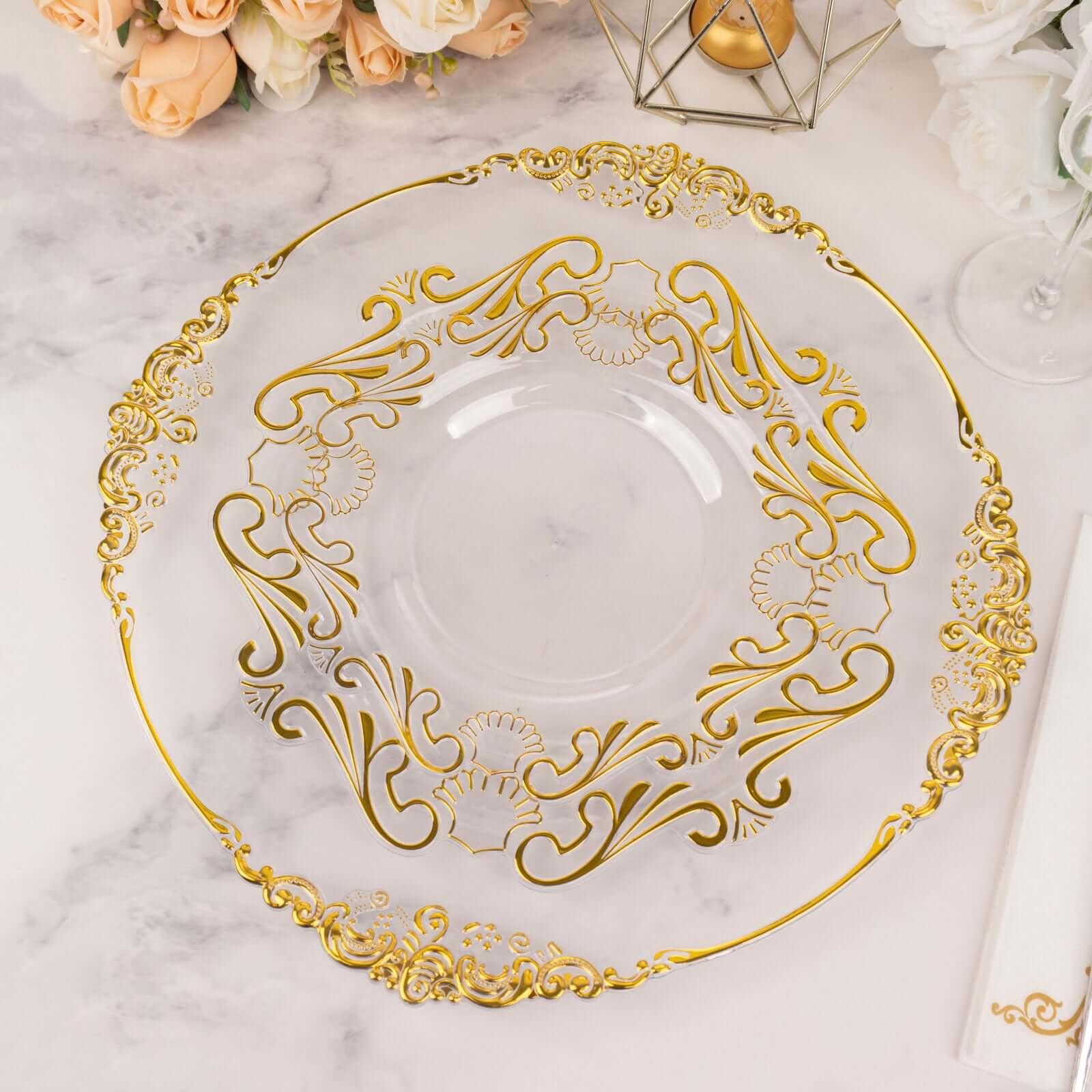 10-Piece Set of Clear Plastic Round Dessert Plates with Gold Vintage Baroque Scalloped Edge