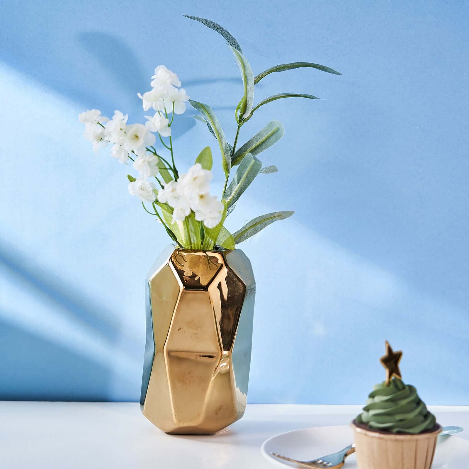 2-Pack Gold Metallic Ceramic Geometric Cylinder Vases - Ideal for Stylish Floral Arrangements