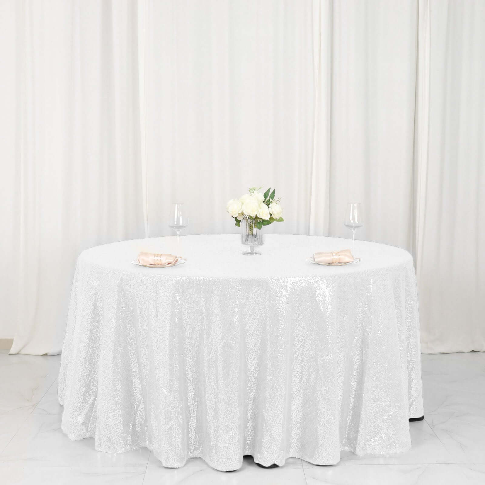 White Seamless Glittering 120 Round Sequin Tablecloth for Elegant Events