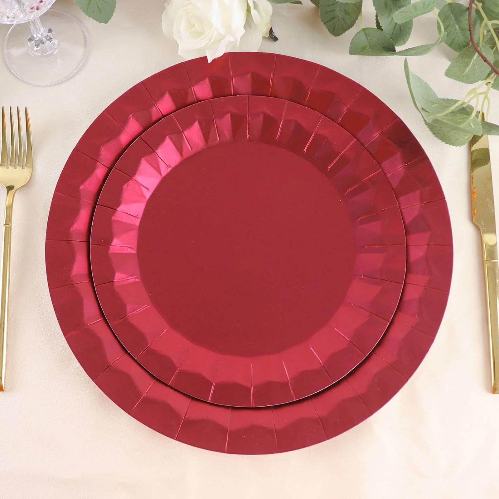 25-Piece Set of 9-Inch Round Disposable Burgundy Paper Dinner Plates with Geometric Prism Rim, 400GSM