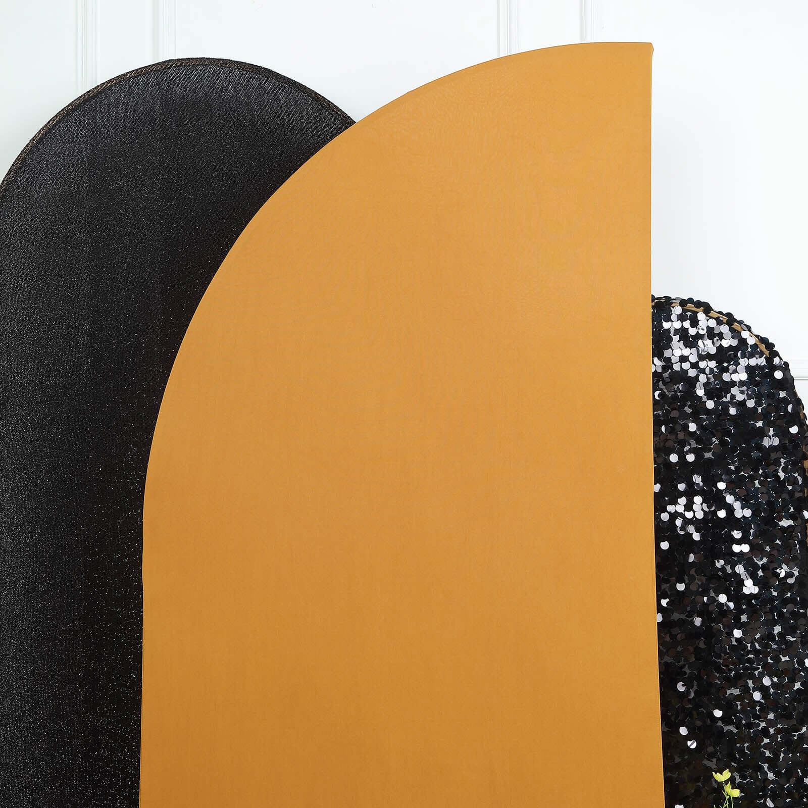 Exclusive Custom-Fitted 7ft Matte Gold Spandex Half Moon Chiara Wedding Arch Backdrop Cover
