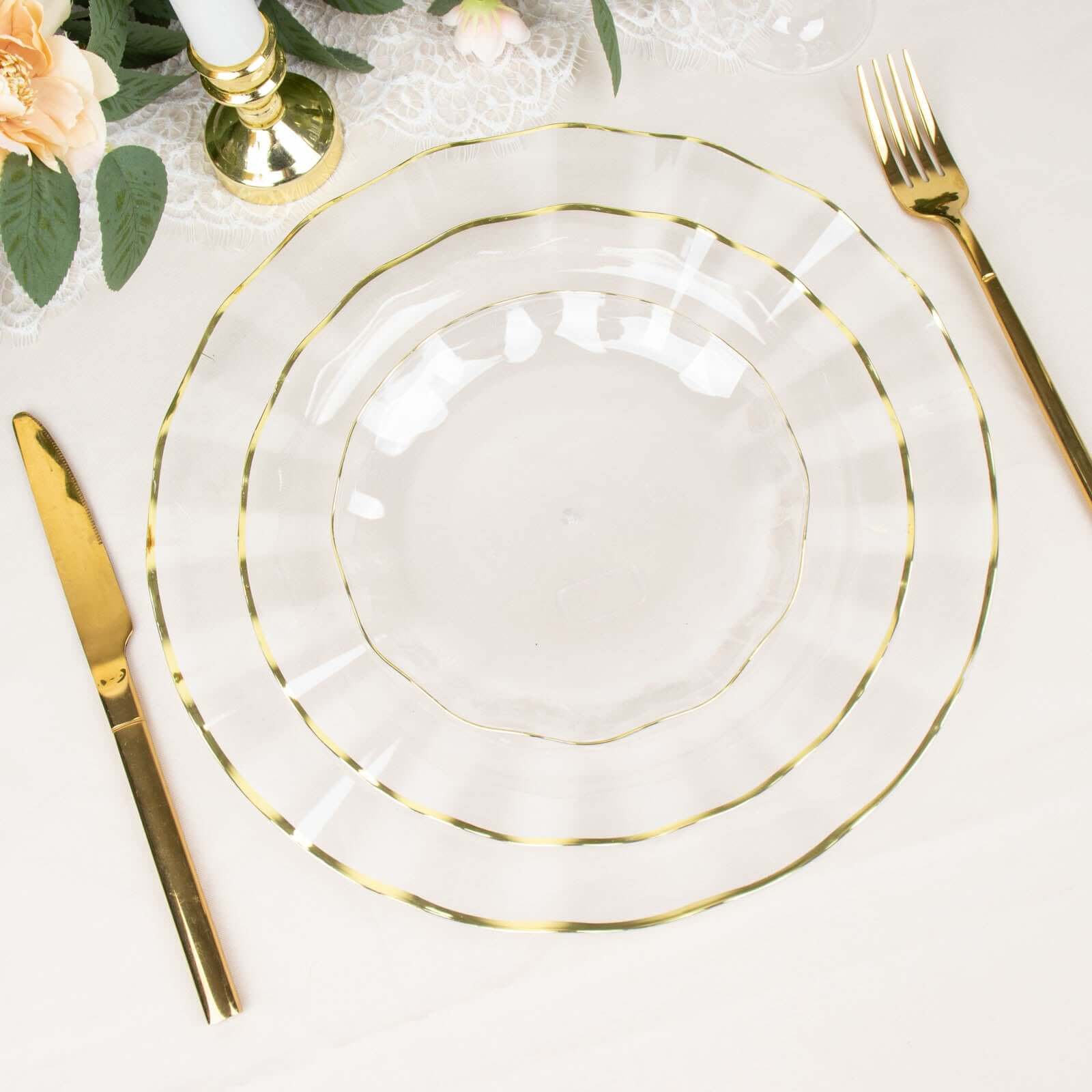 Hot Deal! 10-Pack Disposable Plastic Round 6-Inch Dessert Plates with Clear Ruffled Rim and Gold Edging