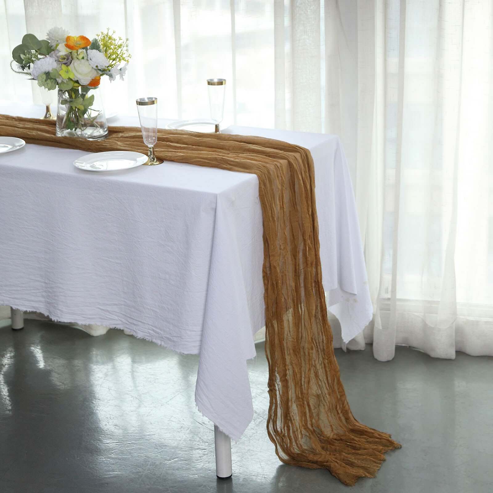 Exclusive 10ft Taupe Gauze Cheesecloth Table Runner - Rustic Boho Charm