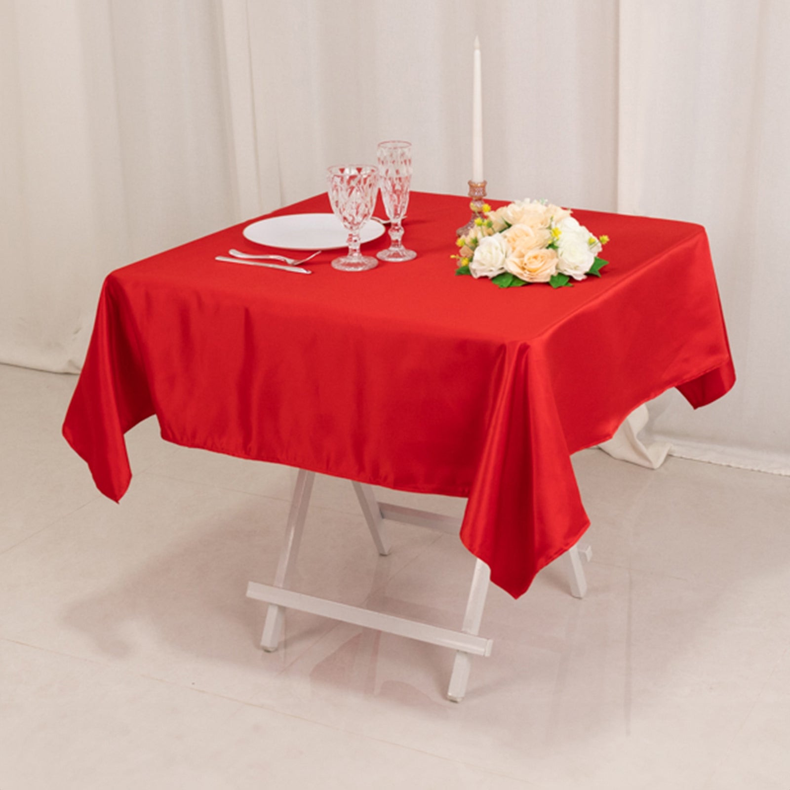 Hot Deal! Durable Silk-Like Red Lamour Satin 54x54 Square Table Overlay Tablecloth