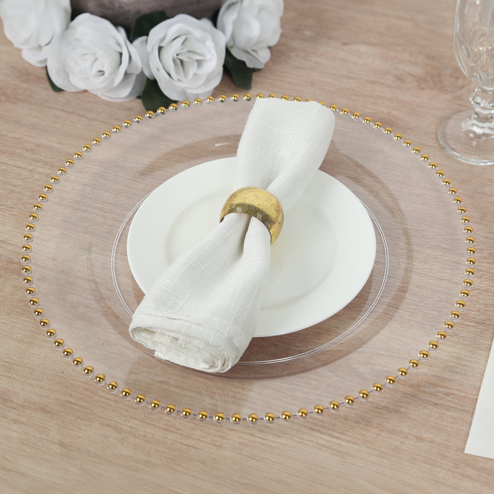 10-Piece Set of Clear 13-Inch Round Plastic Charger Plates with Gold Beaded Rim for Stylish Dinner Parties