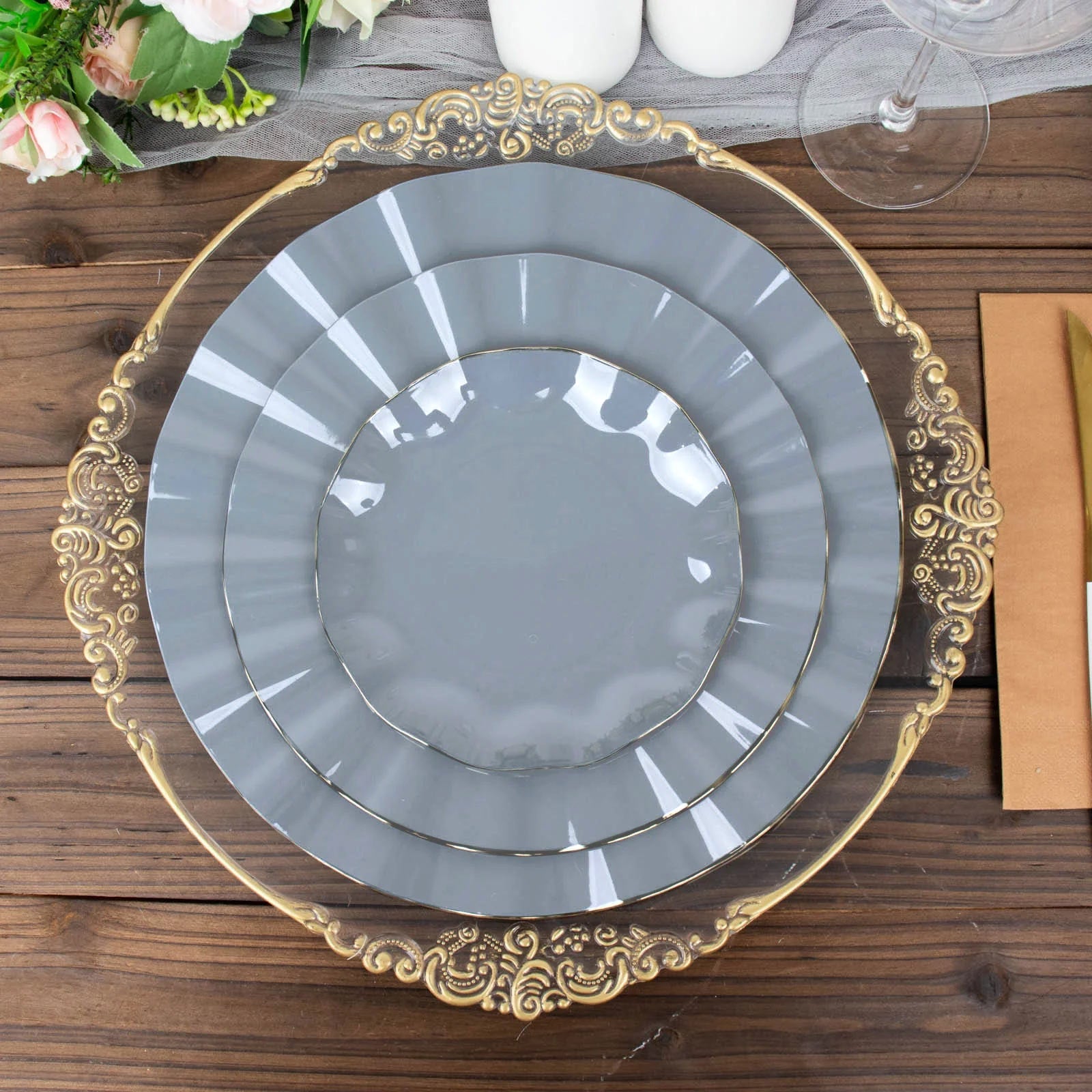10-Piece Set of Sturdy Disposable 9-Inch Round Dusty Blue Dinner Plates with Gold Ruffled Edging