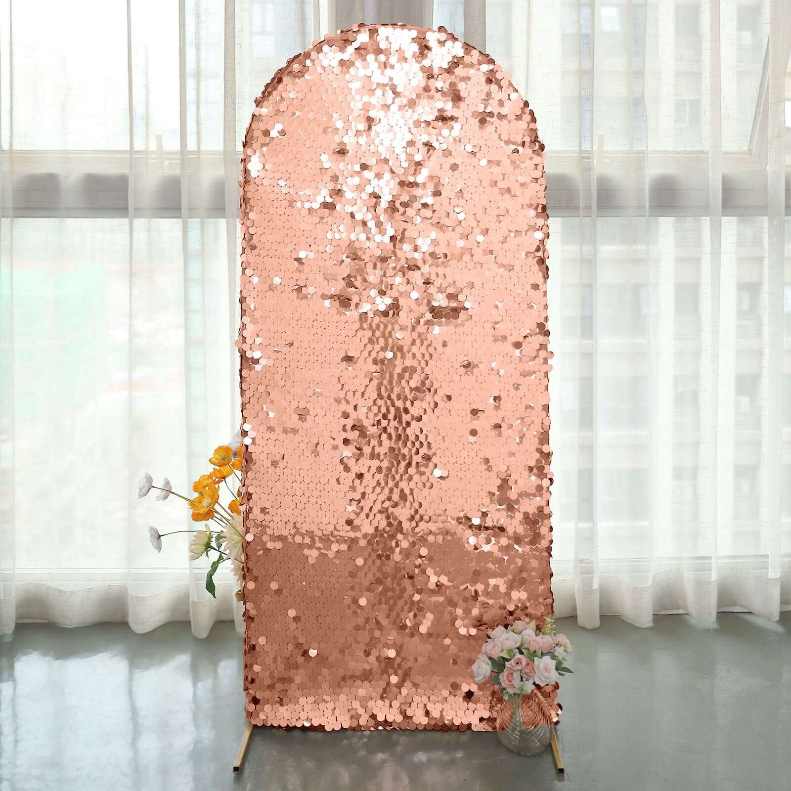 5ft Double-Sided Sparkly Rose Gold Payette Sequin Cover for Round Top Wedding Arch