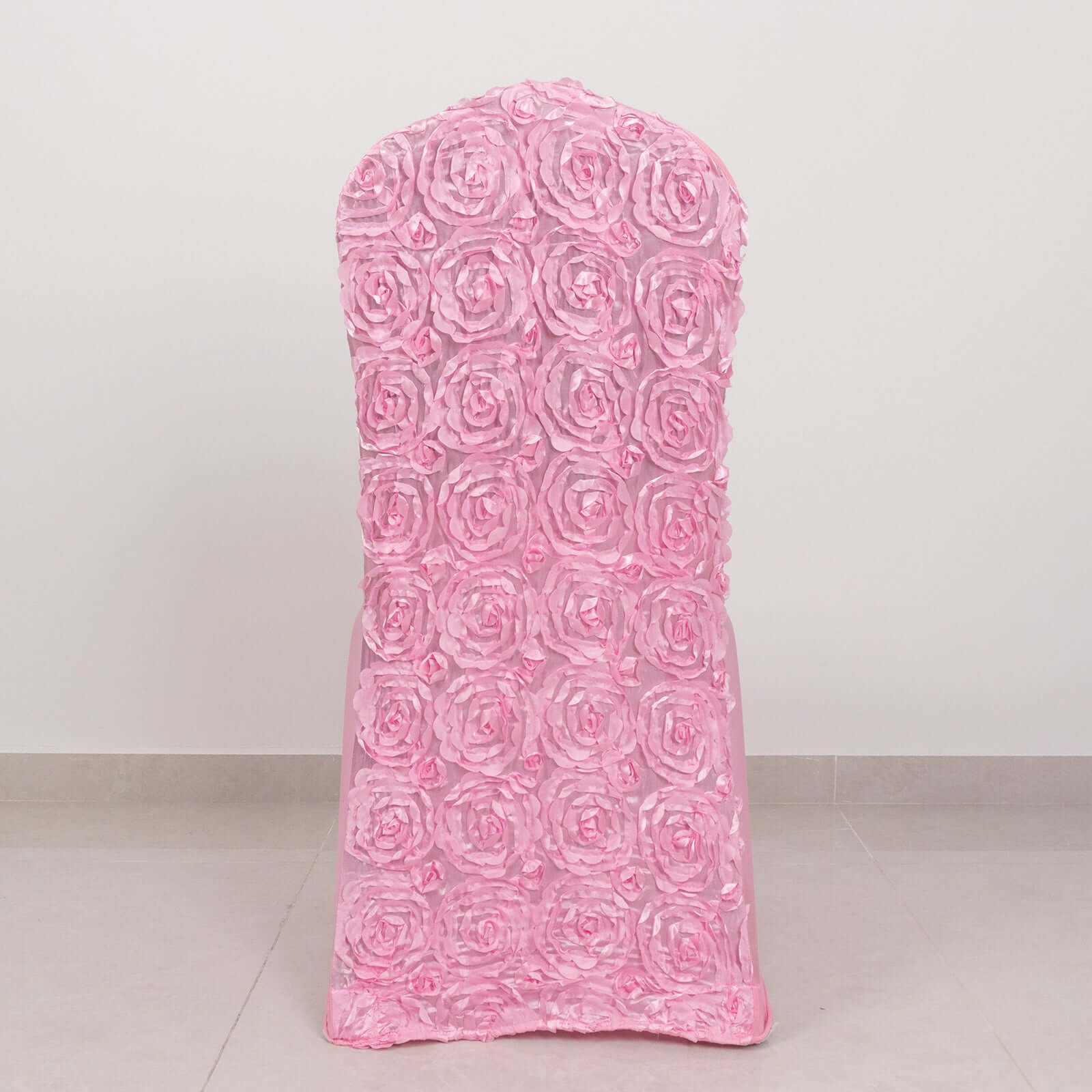 Hot Sale! Pink Stretch Fitted Satin Rosette Slip-On Chair Cover for Banquet Chairs