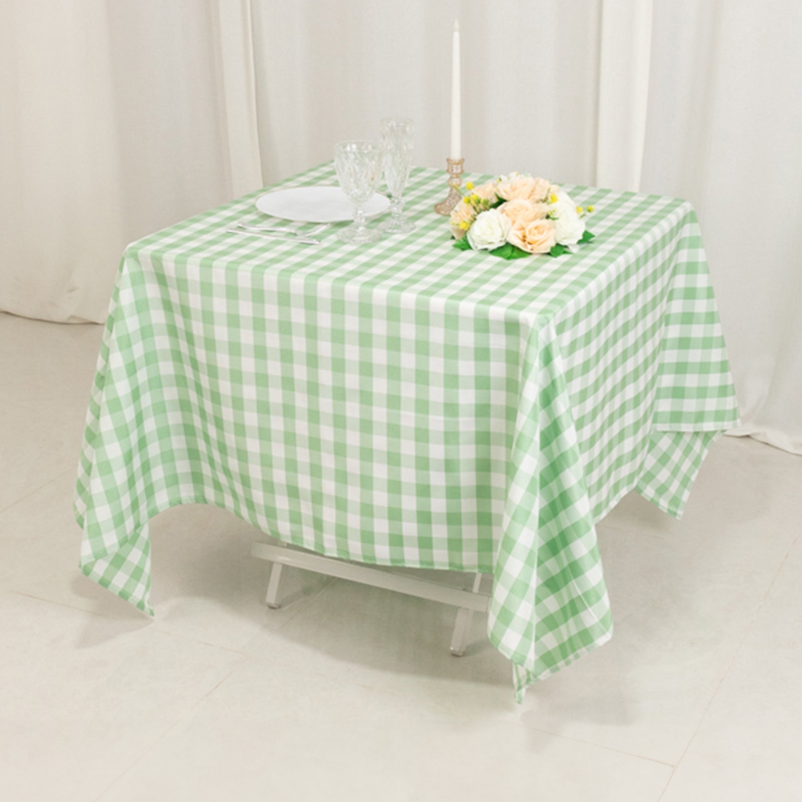 Premium Polyester Checkered Buffalo Plaid Table Cover in White/Sage Green, 70x70 Square