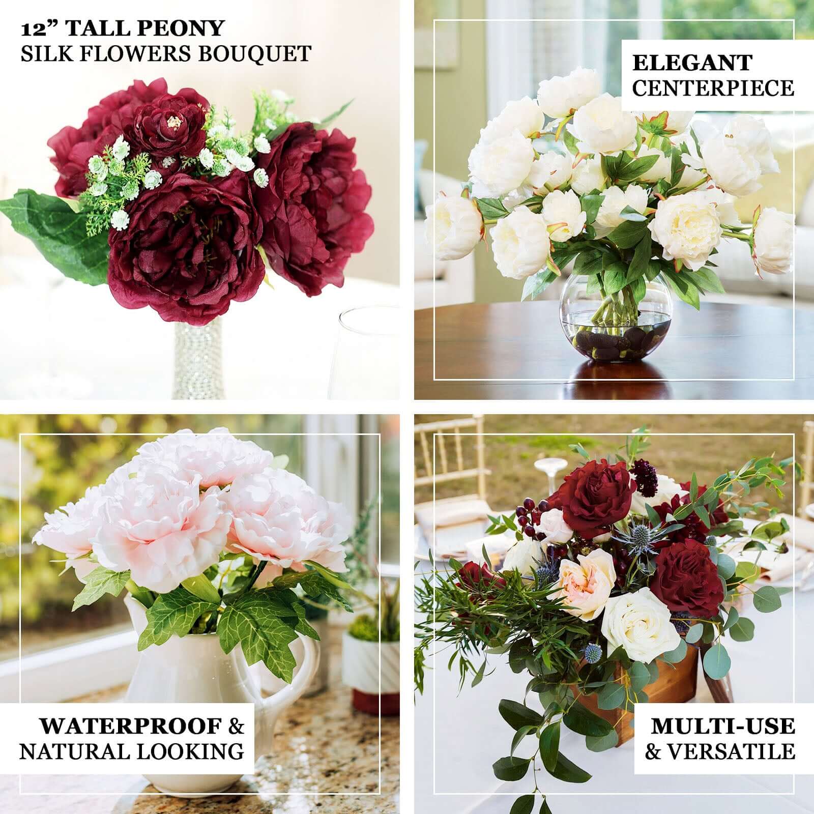 Hot Sale! 12-piece Burgundy Artificial Silk Peony Bouquet for Various Decorations